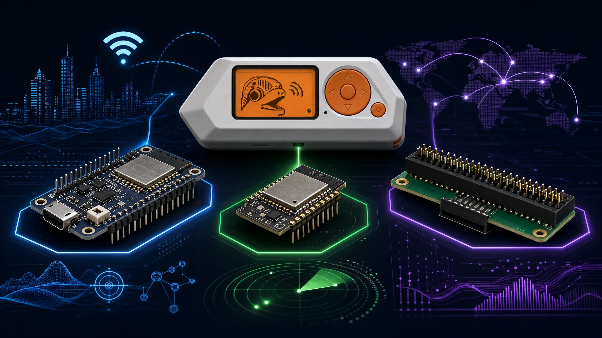 Overview of Flipper Zero hardware accessories including the WiFi Dev Board, ESP32 module, and Raspberry Pi Zero GPIO header adapter