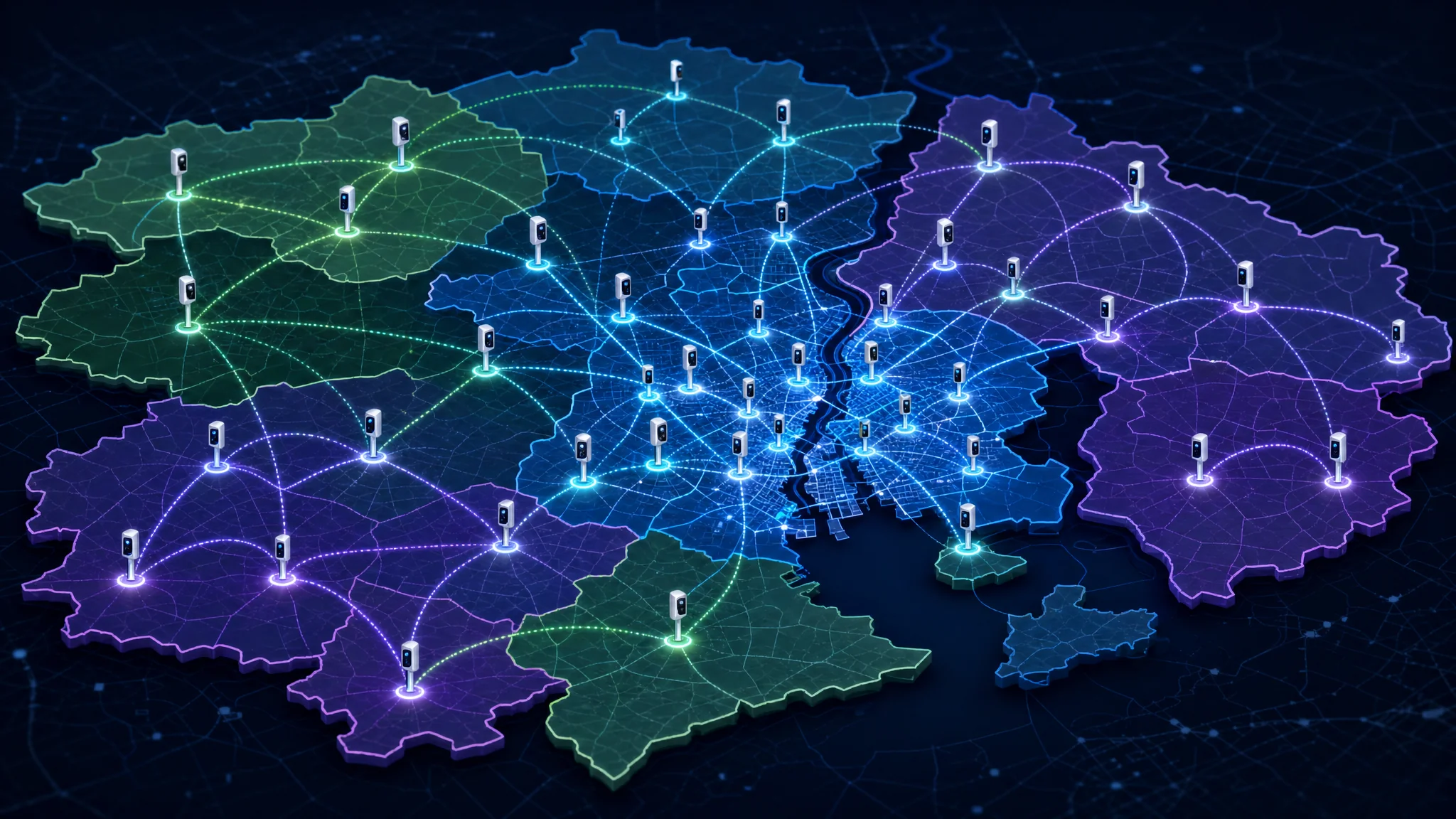 Map diagram showing how individual city and county Flock camera networks connect through data-sharing agreements into a broader regional and quasi-national searchable database