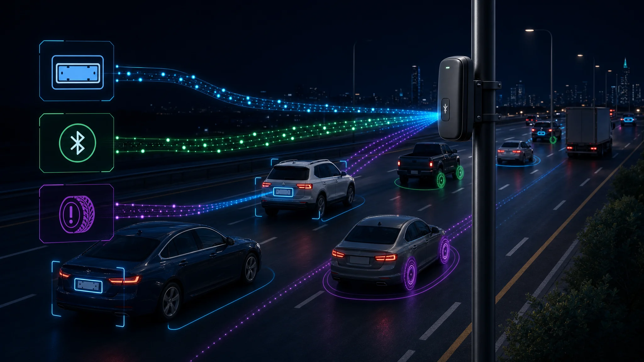 Diagram showing how a roadside Flock camera can passively capture license plates, Bluetooth MAC addresses from phones, and TPMS tire sensor IDs from passing vehicles simultaneously