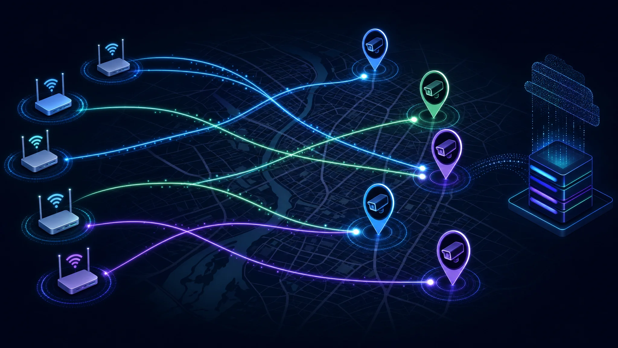 Diagram showing how Flock Finder matches WiGLE-crowdsourced WiFi access point MAC address prefixes against known Flock Safety OUI signatures to estimate camera locations on a map