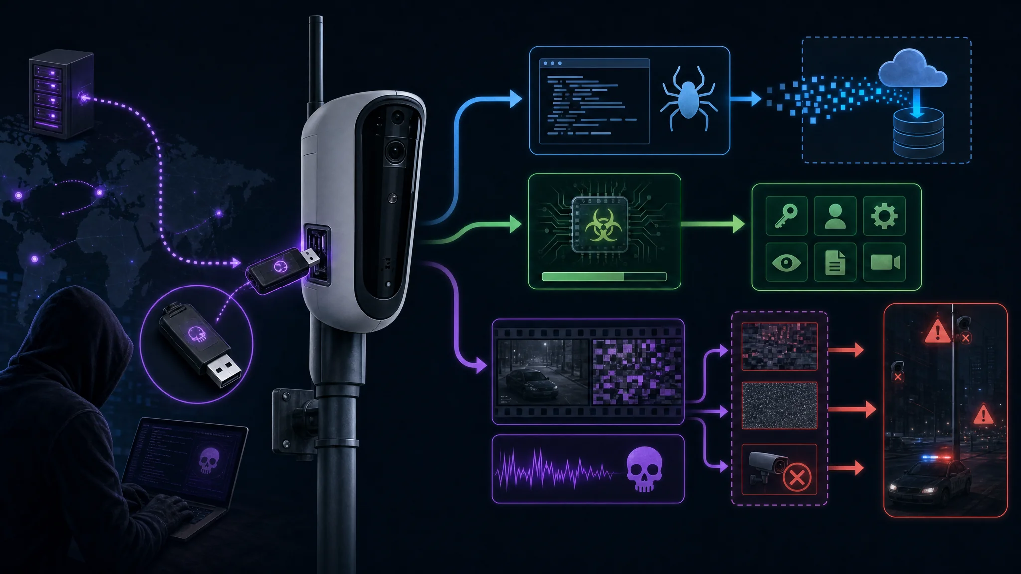 Attack chain diagram showing how a BadUSB device plugged into an exposed Flock Safety camera USB port can install persistent malware in under 30 seconds