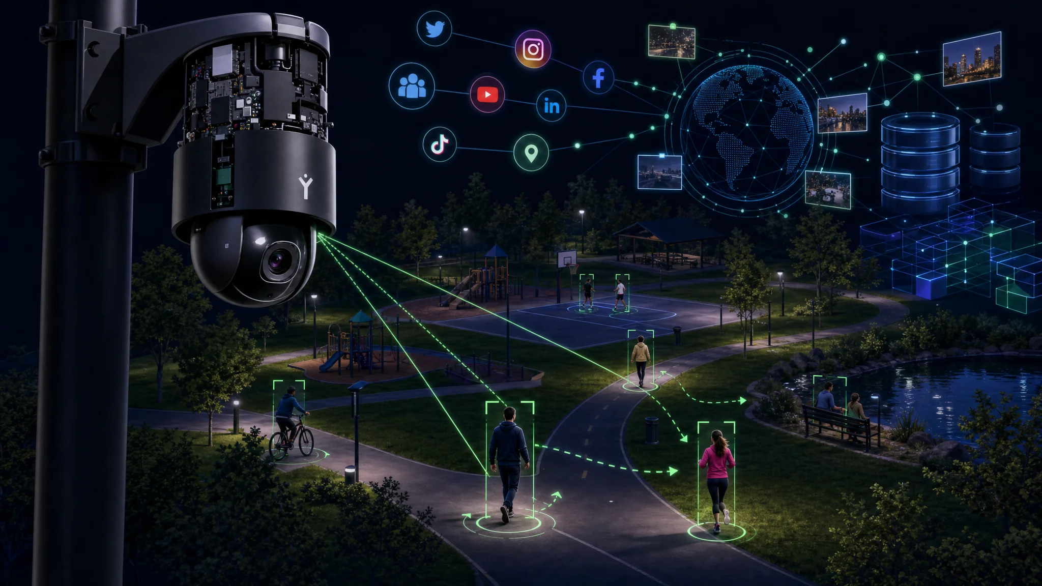 Overview diagram showing how exposed Flock Safety PTZ cameras with AI auto-tracking allowed public access to live video feeds of individuals at parks, trails, and parking lots