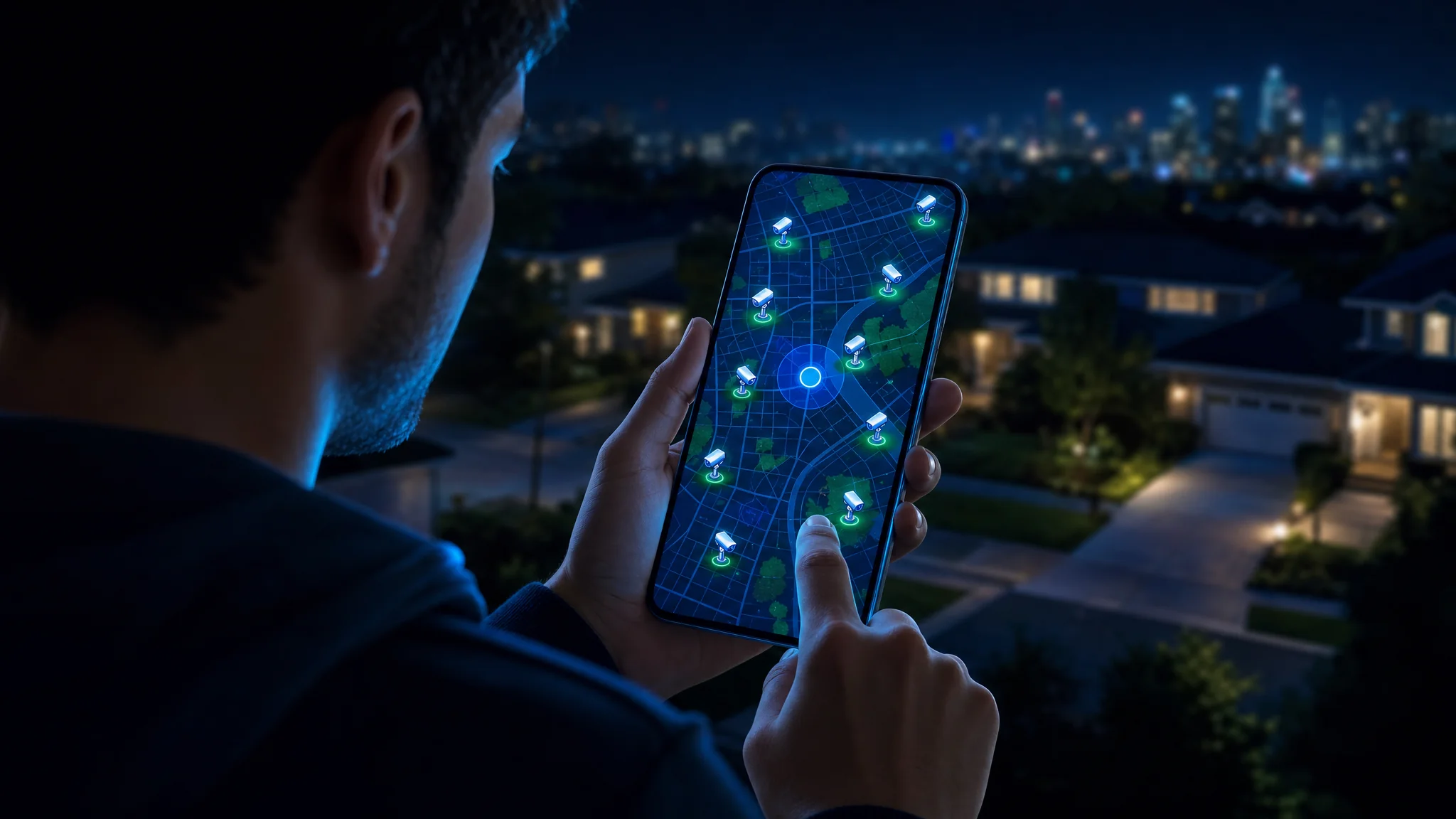 A person using a smartphone app to view a map of ALPR camera locations in their neighborhood
