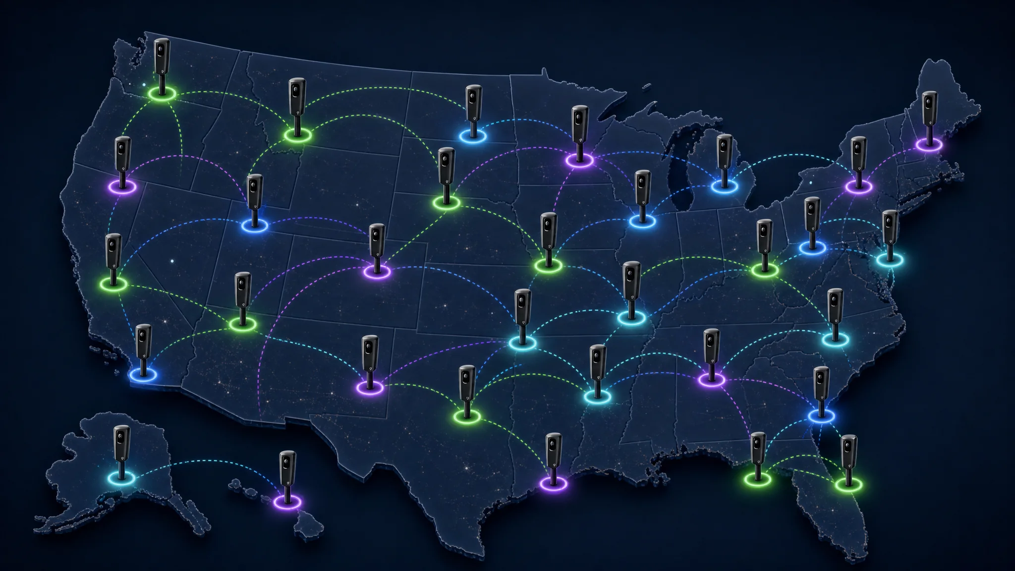 A map of the United States showing the widespread geographic distribution of Flock Safety ALPR cameras