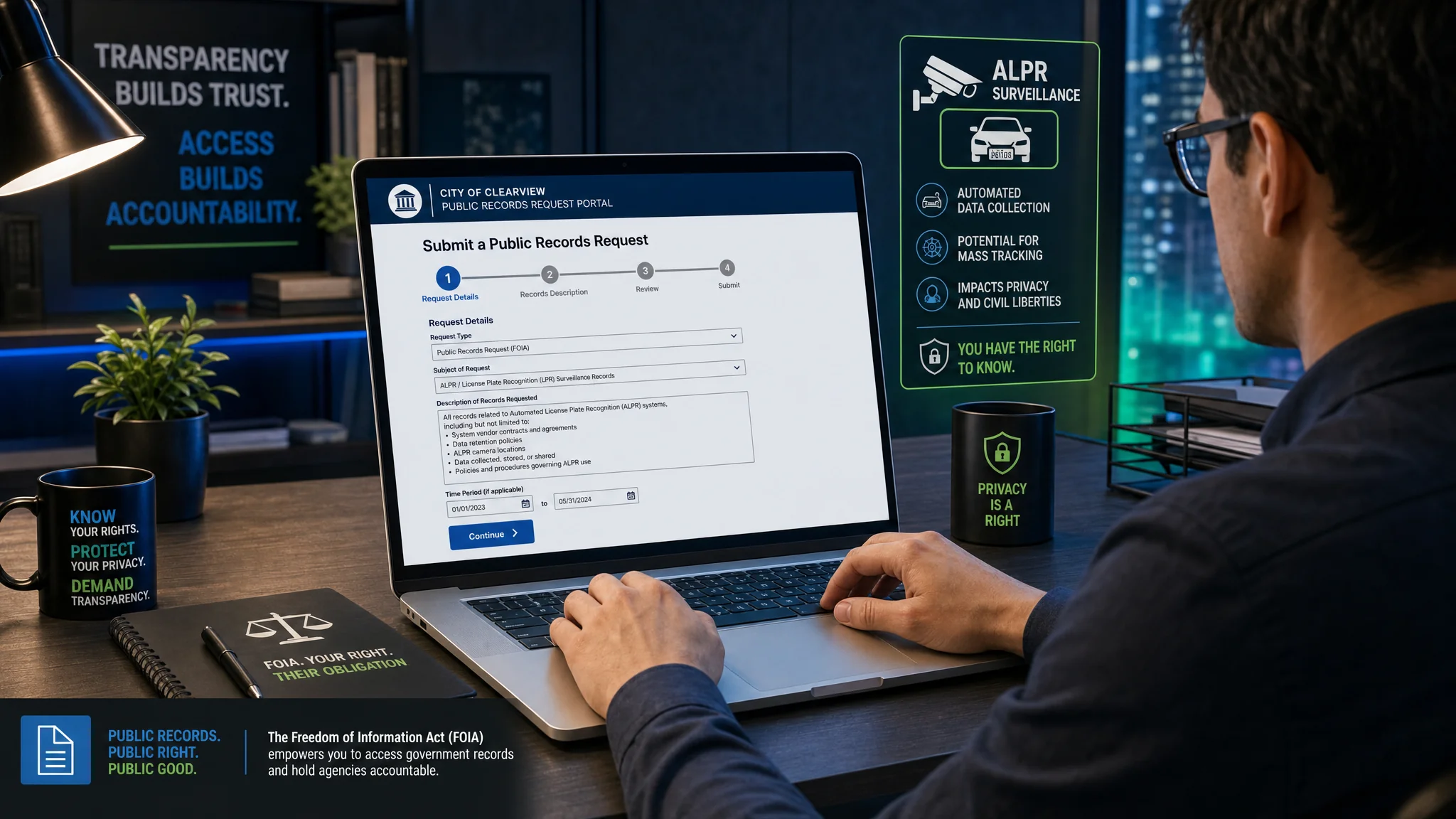 A person filing a public records request on a laptop to challenge local ALPR surveillance contracts