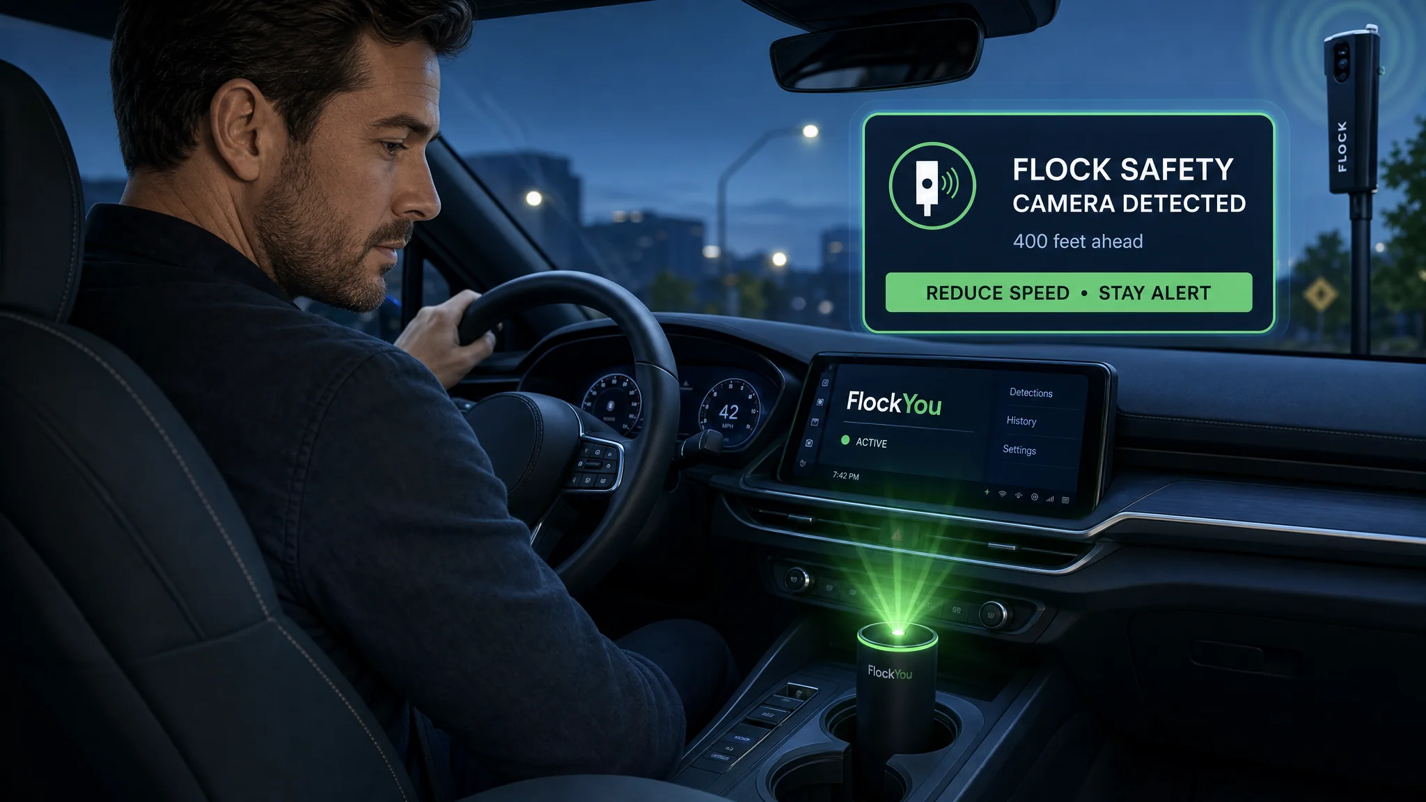 Illustration of a driver glancing at a small FlockYou detector mounted in a cup holder with its LED alerting to a nearby Flock Safety camera