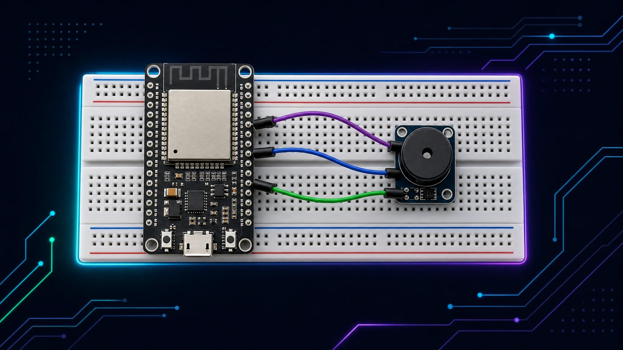 Photo-style illustration of a solderless ESP32 Flock-You build on a breadboard, showing the bare ESP32 DevKit, a passive buzzer module, and jumper wires connected to GPIO 25, 2, and 17