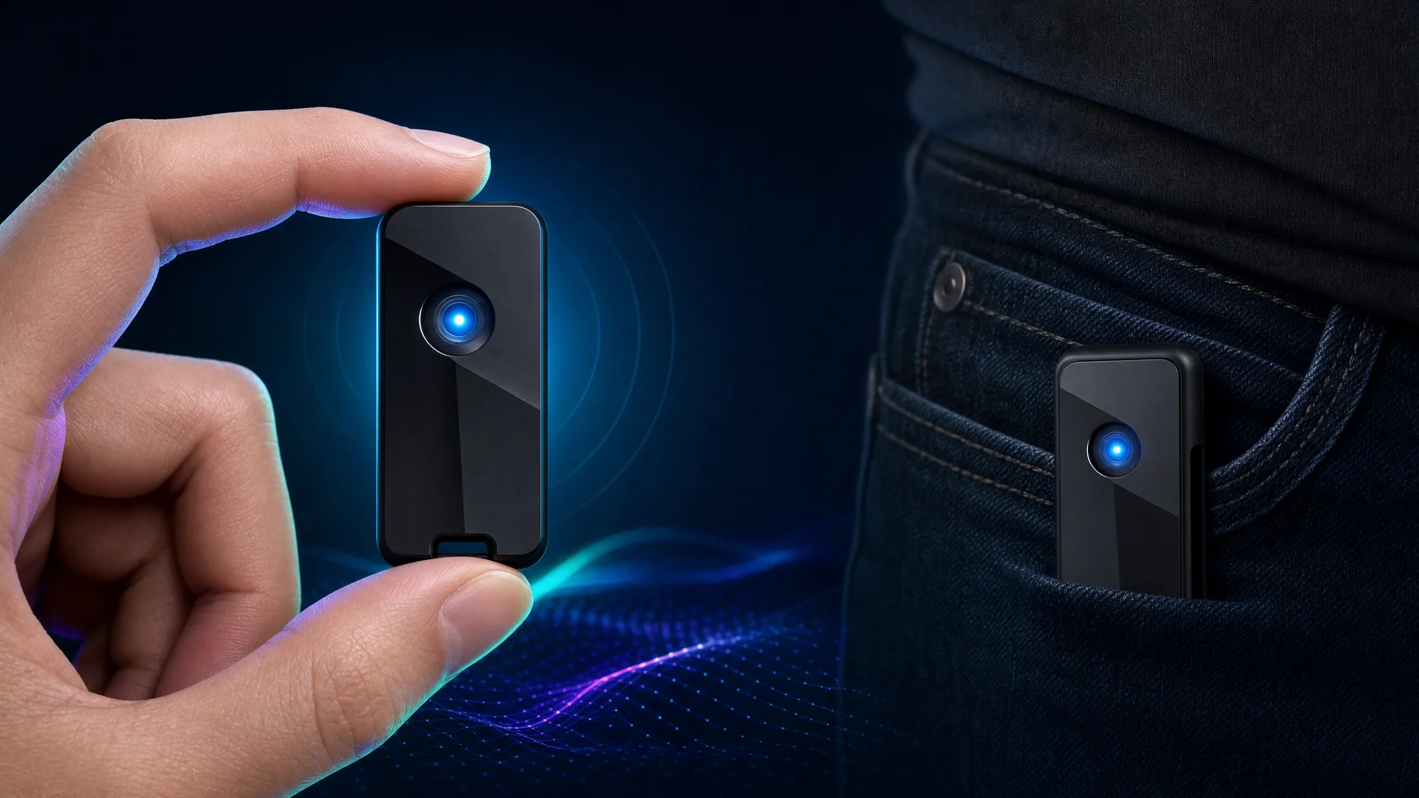 Photo-style illustration of the pre-flashed M5 Atom Lite FlockYou device held between two fingers to show its pocket-sized scale, with its blue RGB LED lit to indicate a detection