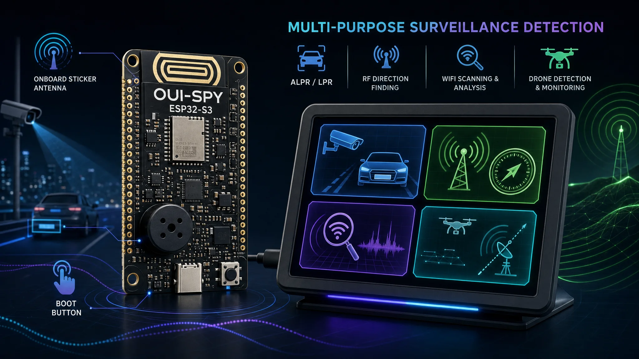 Photo-style illustration of the bare OUI-SPY ESP32-S3 PCB with its onboard sticker antenna, integrated buzzer, and boot button, showing the four-mode WiFi boot menu concept on a connected screen