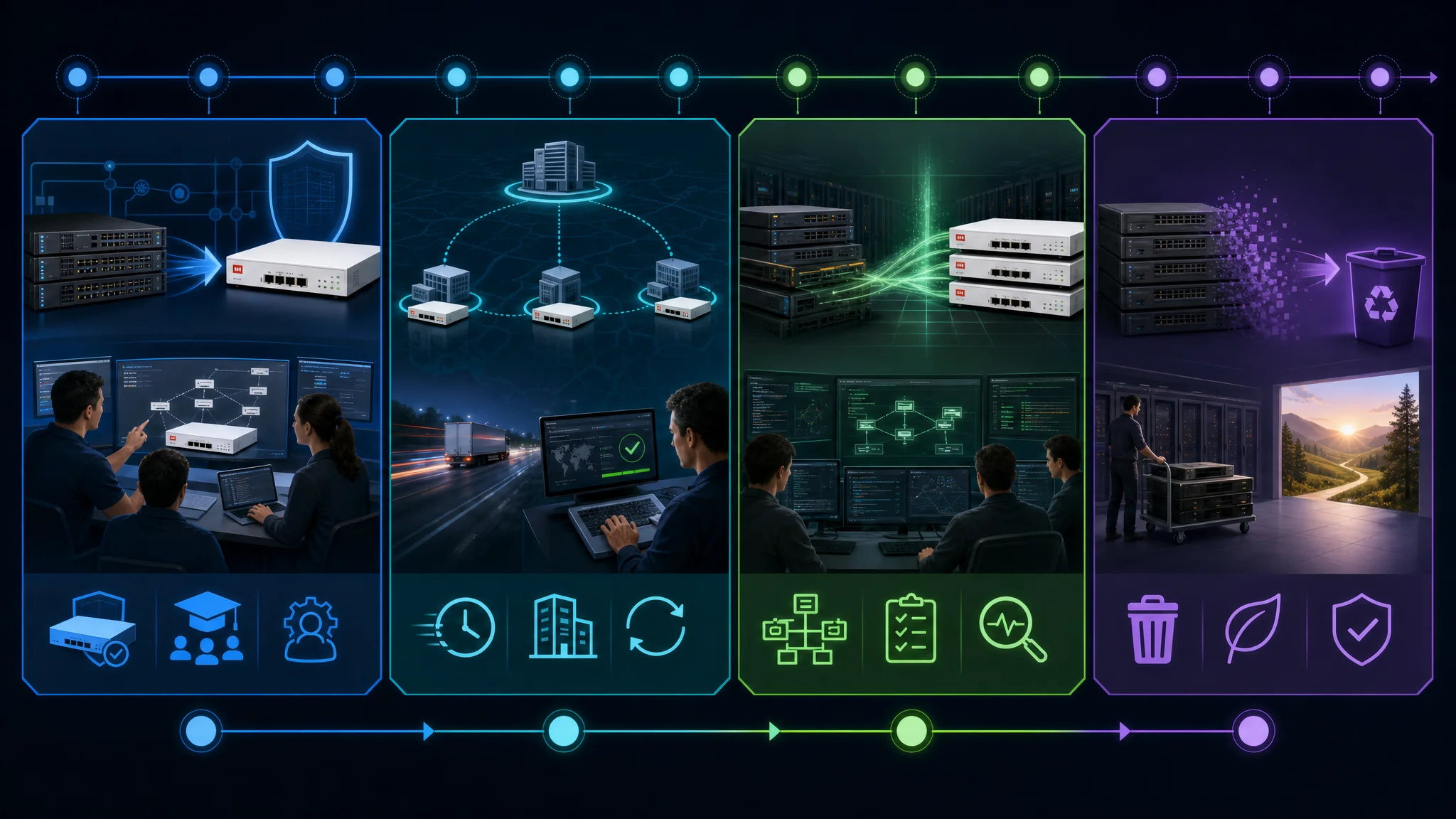 Timeline diagram showing a 12-month phased migration from Cisco to Fortinet network security covering pilot deployment at months 1 to 2, branch rollout at months 3 to 6, data center cutover at months 7 to 9, and final decommission at months 10 to 12