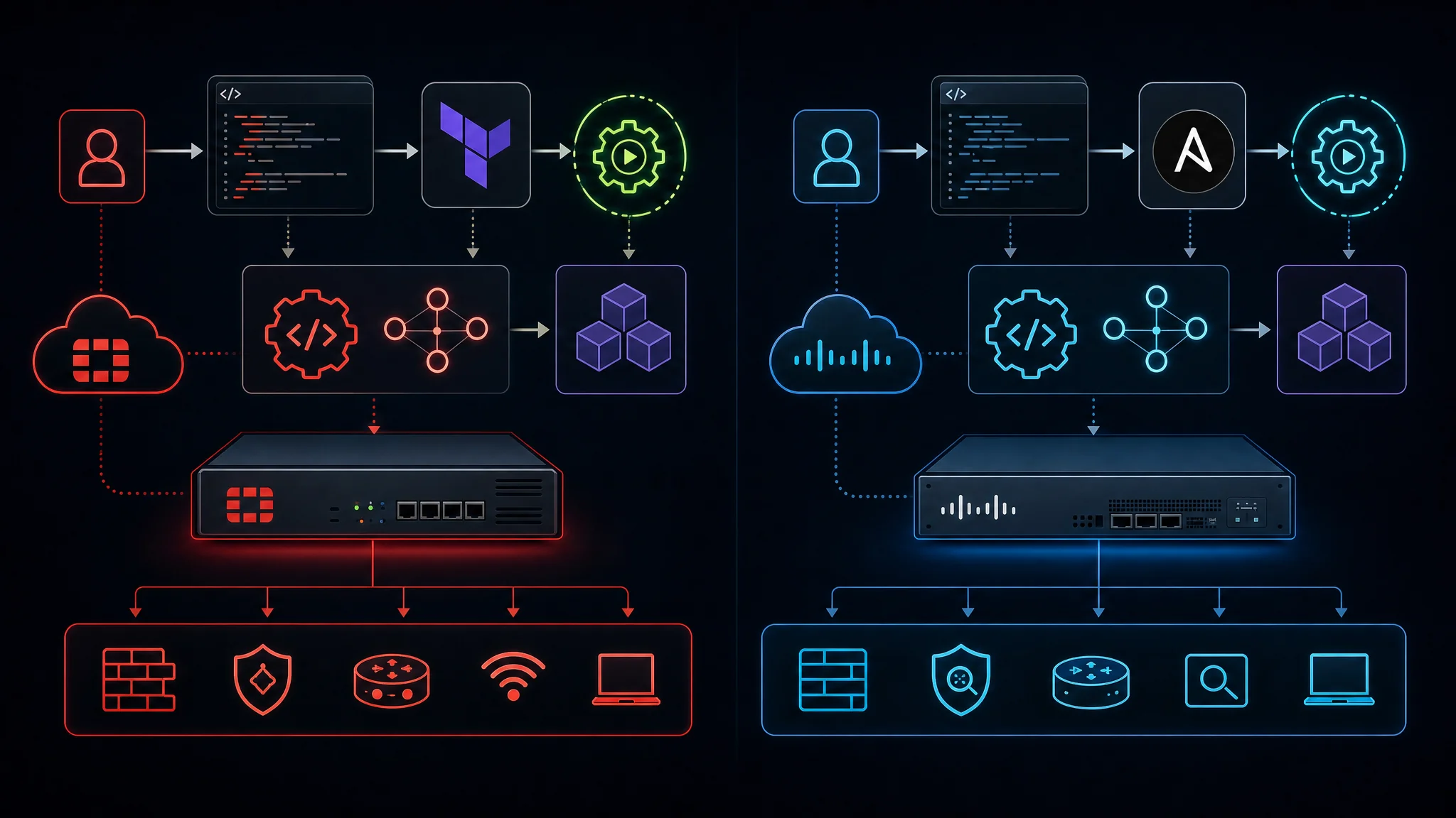 Diagram comparing FortiGate REST API and Terraform automation workflow against Cisco Firepower Management Center API and Ansible modules for network security infrastructure as code