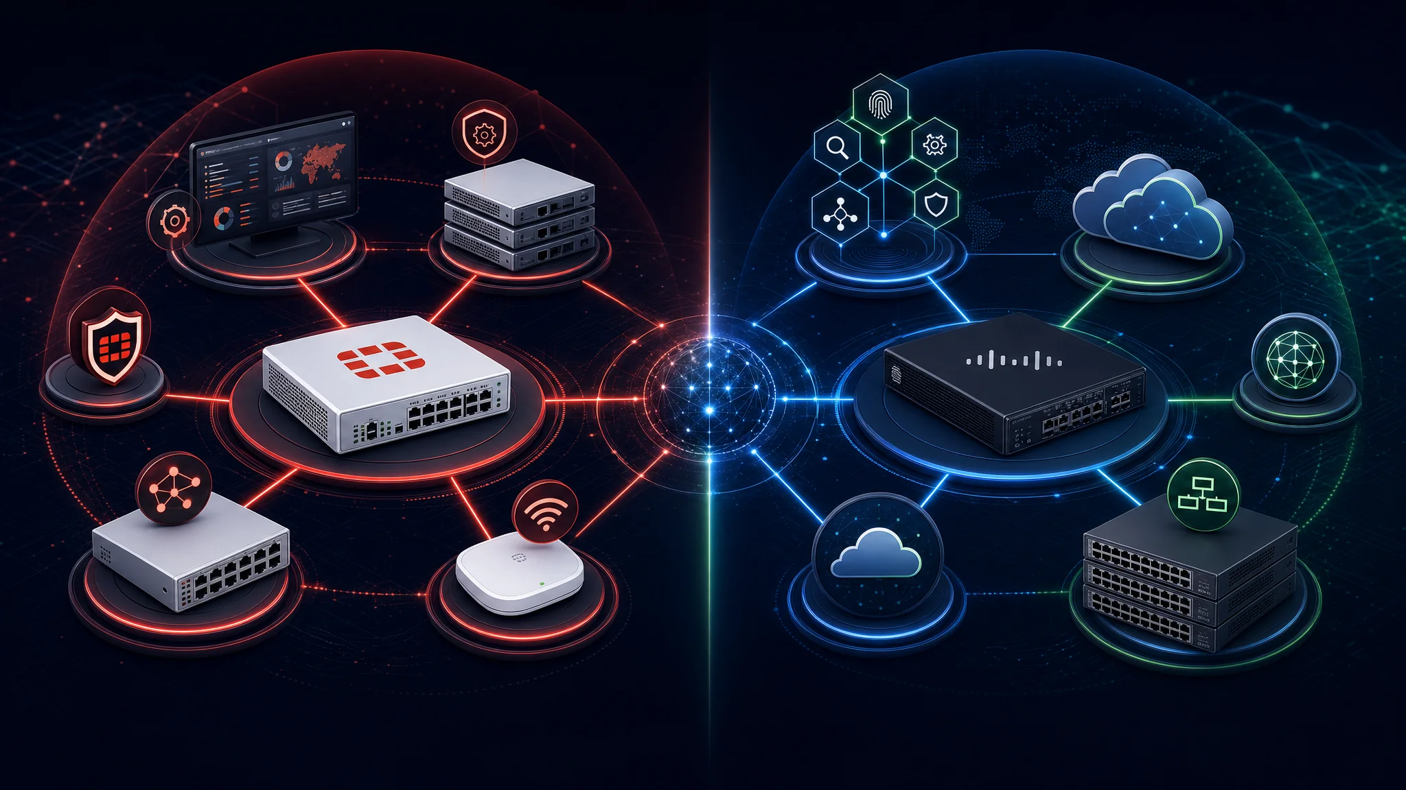 Comparison diagram showing Fortinet Security Fabric product ecosystem including FortiGate, FortiSwitch, FortiManager, and FortiAP versus the Cisco Secure ecosystem including Firepower, Catalyst, SecureX, and Umbrella