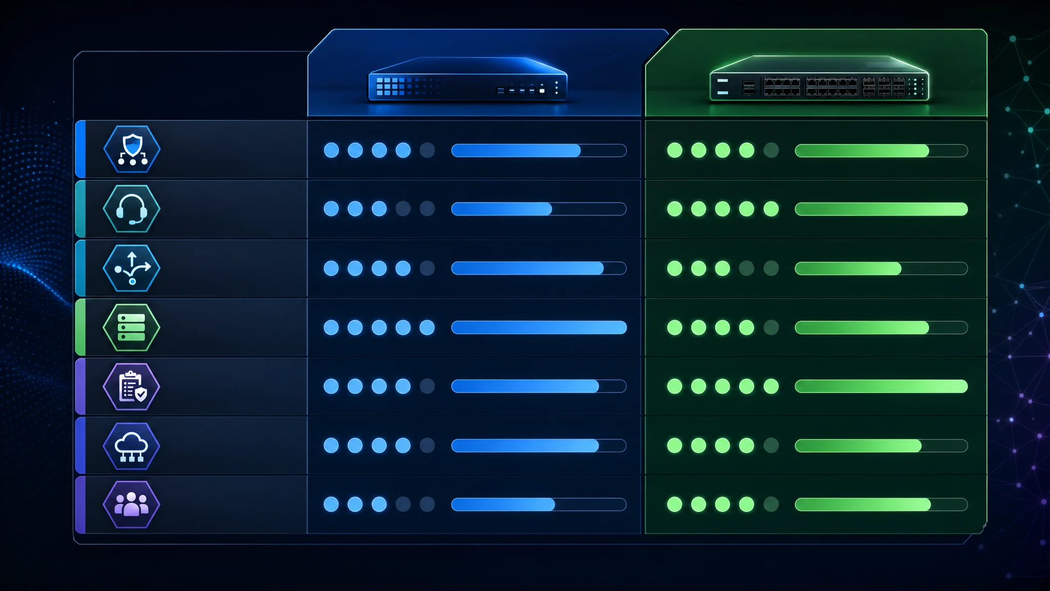 Decision framework scorecard showing how to choose between Fortinet and Cisco based on weighted criteria including cost, performance, management simplicity, ecosystem integration, and support requirements