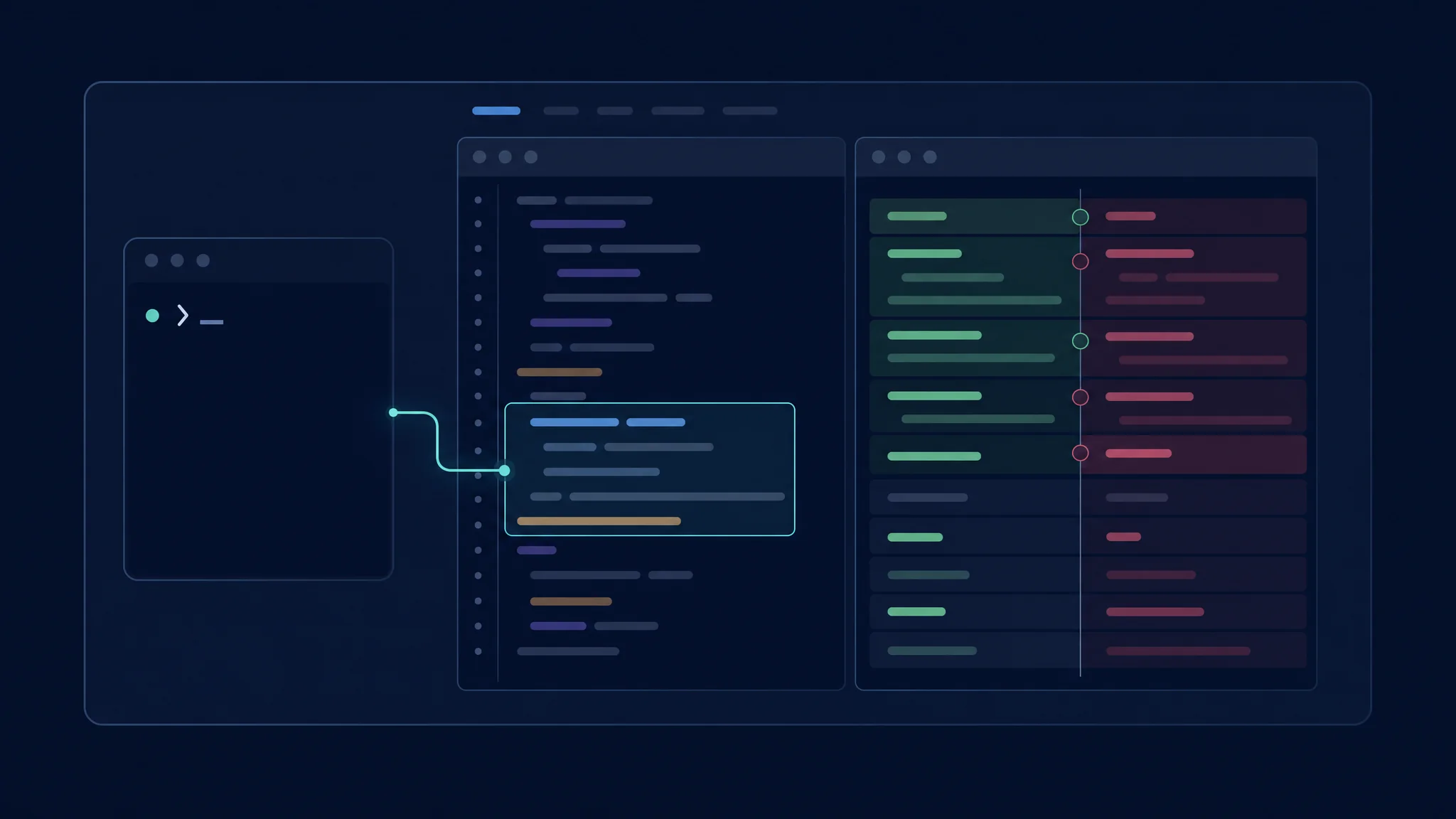 Terminal prompt linked to an editor selection and side-by-side code diff within one repository workspace
