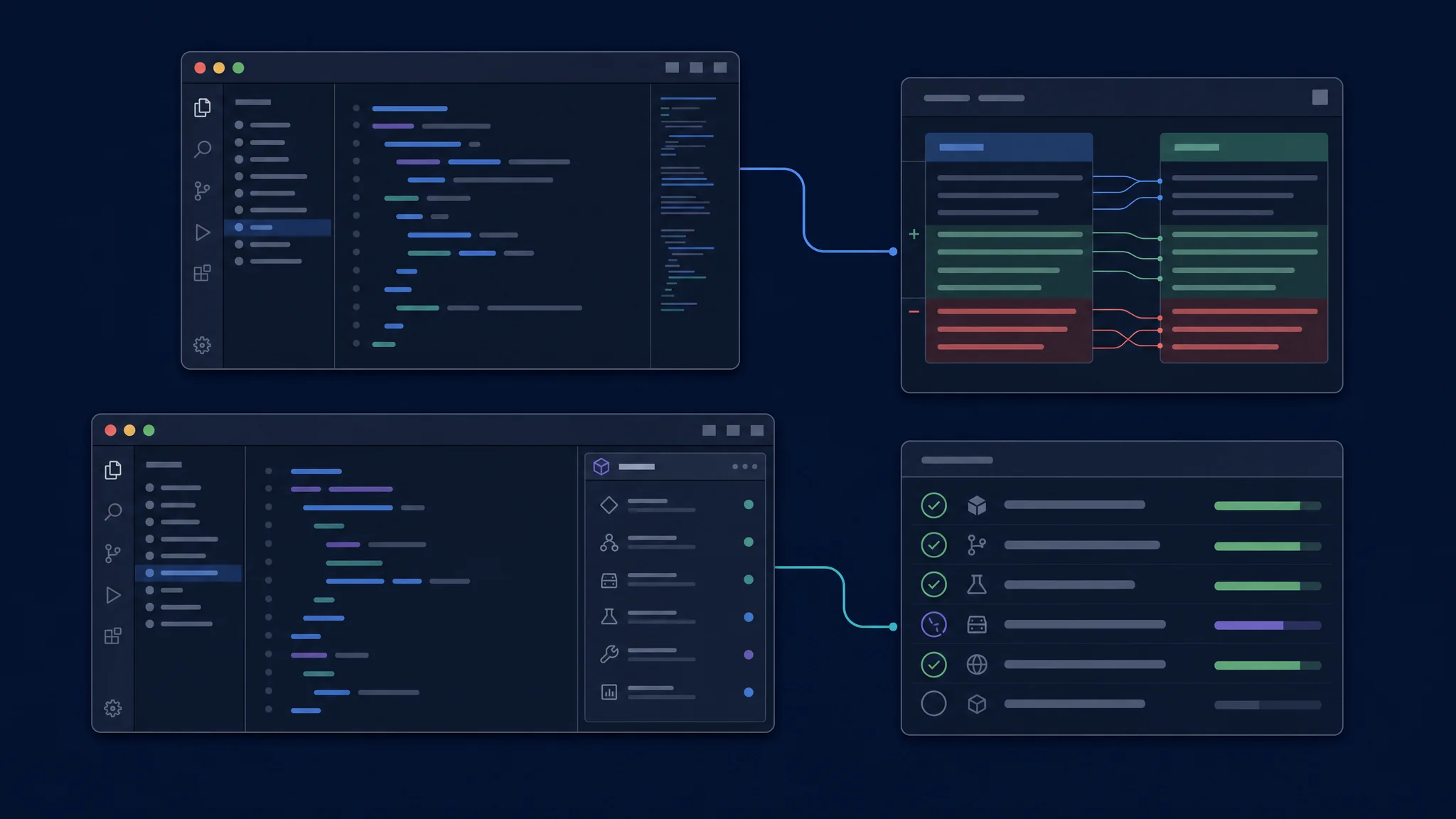 Full editor and extension layouts converging on a visual diff, diagnostics panel, and independent test checklist
