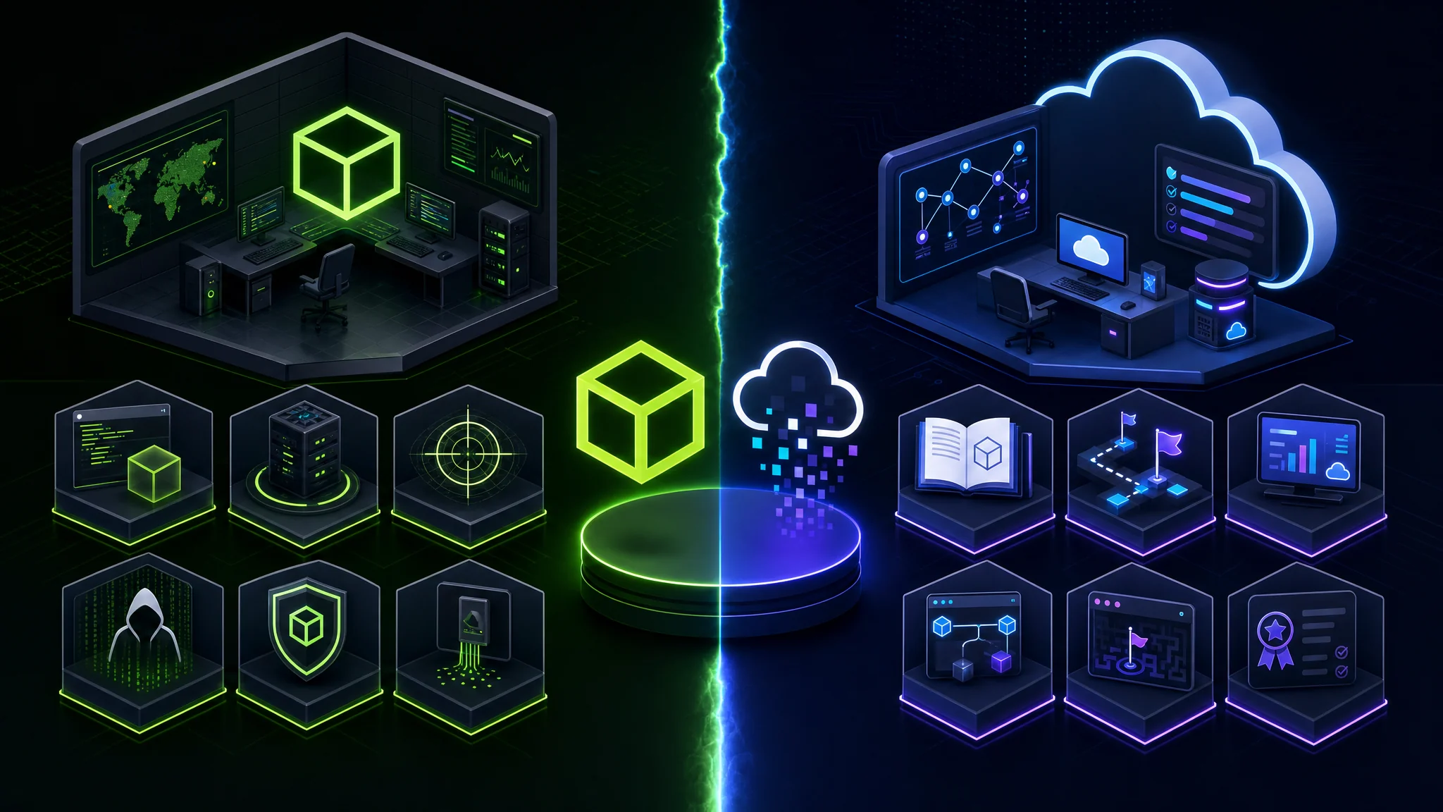 Side-by-side illustration comparing the HackTheBox and TryHackMe cybersecurity learning platforms