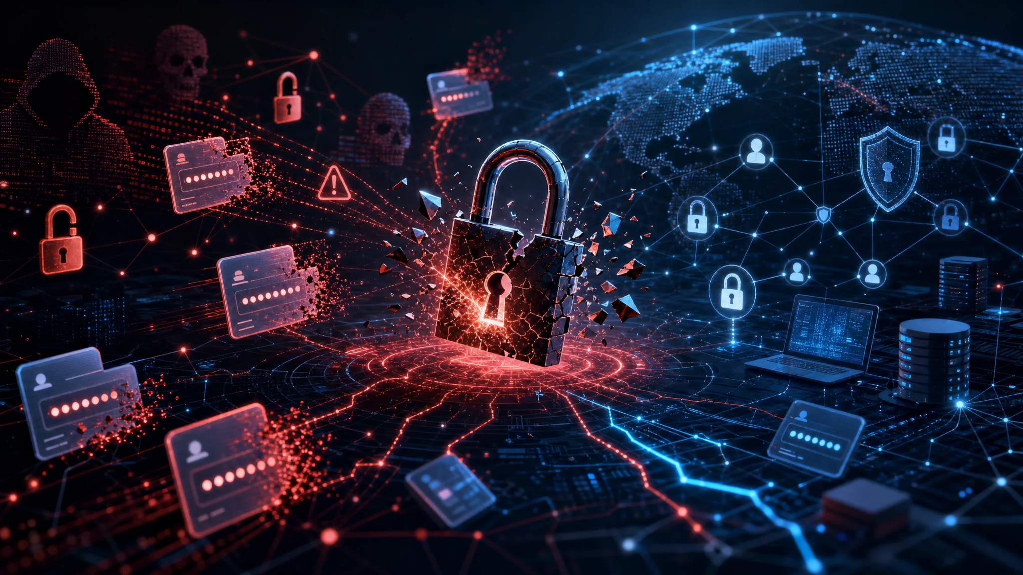 Chart showing AI password cracking speeds, credential stuffing attack scale with 20 billion compromised credentials, and 2026 password breach statistics