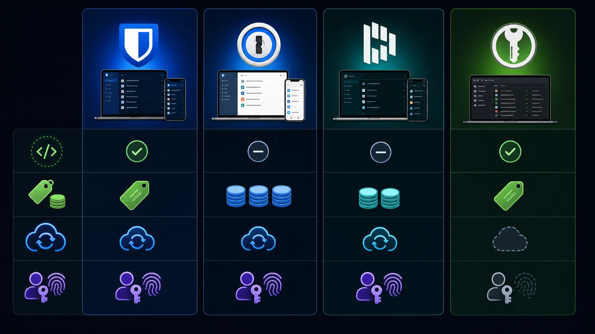 Side-by-side comparison of Bitwarden, 1Password, Dashlane, and KeePassXC password managers showing open source status, pricing, cloud sync, and passkey support