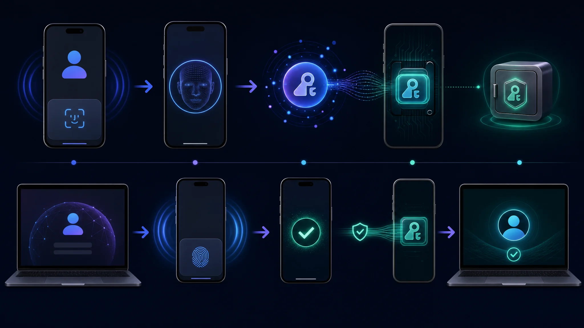 Diagram showing how FIDO2 passkeys use public-private key cryptography so the private key never leaves the device during passwordless authentication