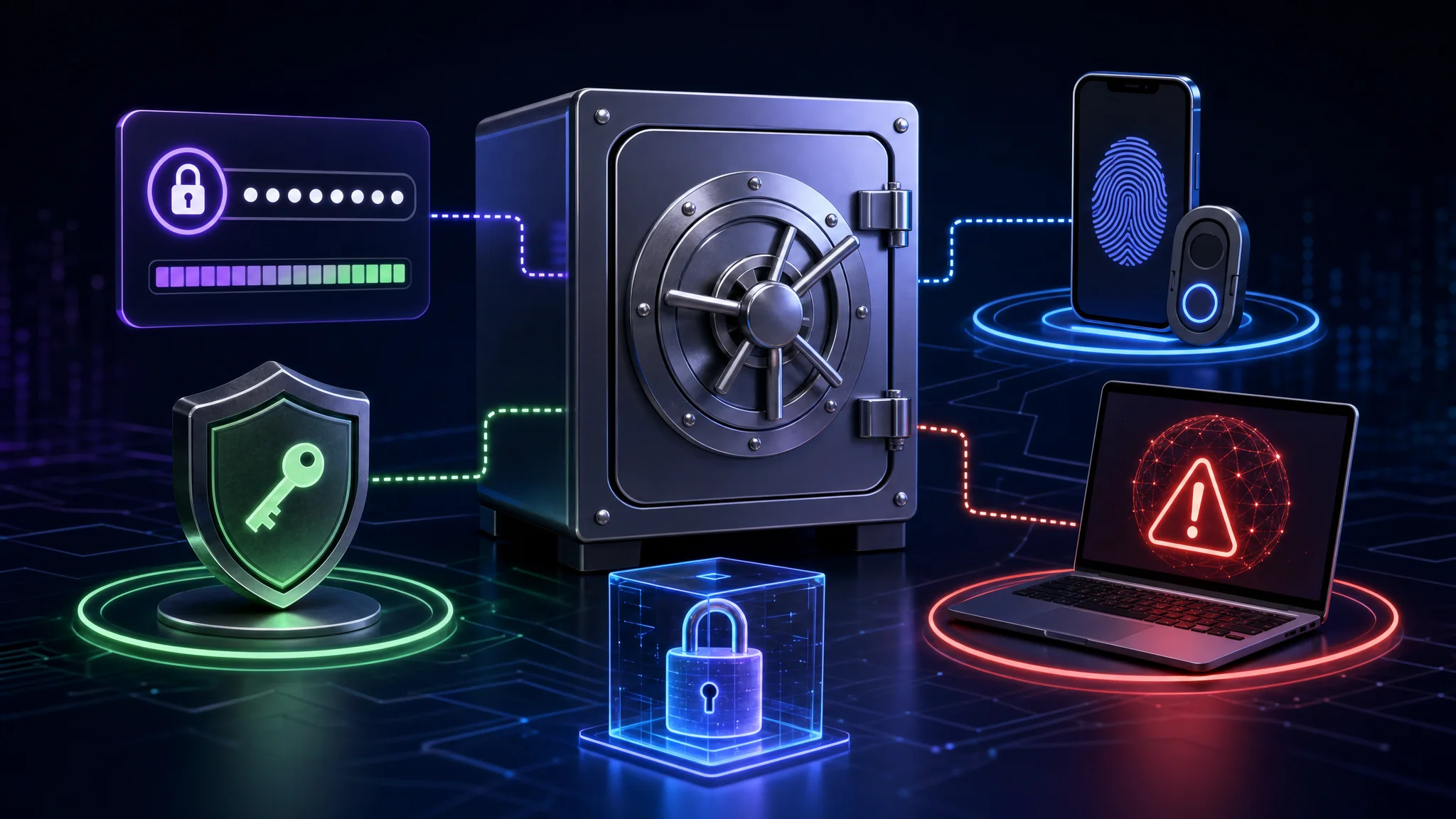 Overview diagram of the ten password manager best practices including strong master password, MFA on the vault, quarterly audits, device security, encrypted backups, and phishing awareness