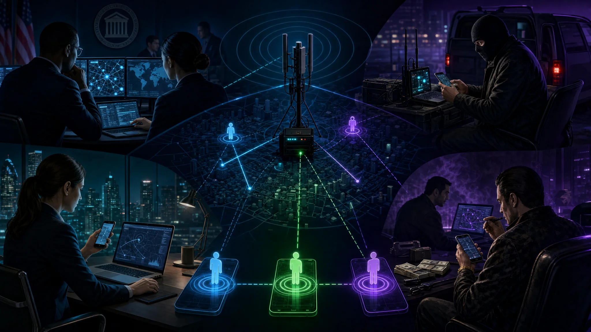 Diagram showing various IMSI catcher threat actors including government agencies, criminal organizations, and corporate espionage operatives targeting mobile devices
