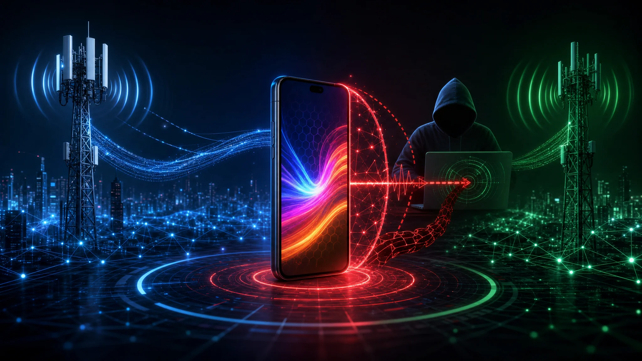 Diagram showing a 5G-capable phone being forced through a downgrade attack onto a monitored 4G or 3G network, the technique Rayhunter continues to detect in the 5G era