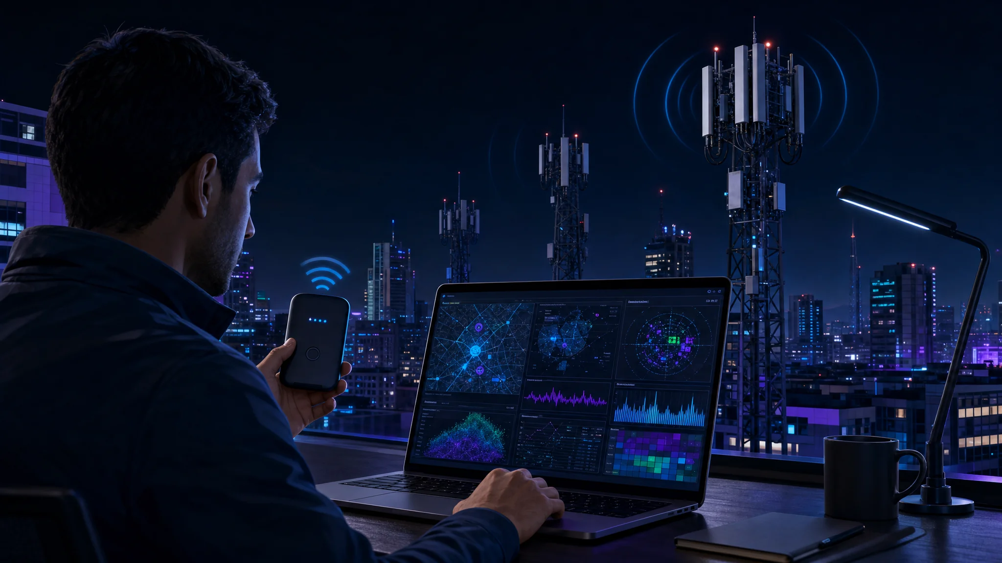 Person reviewing Rayhunter alerts on a laptop while carrying a mobile hotspot device in an urban environment with cellular towers nearby