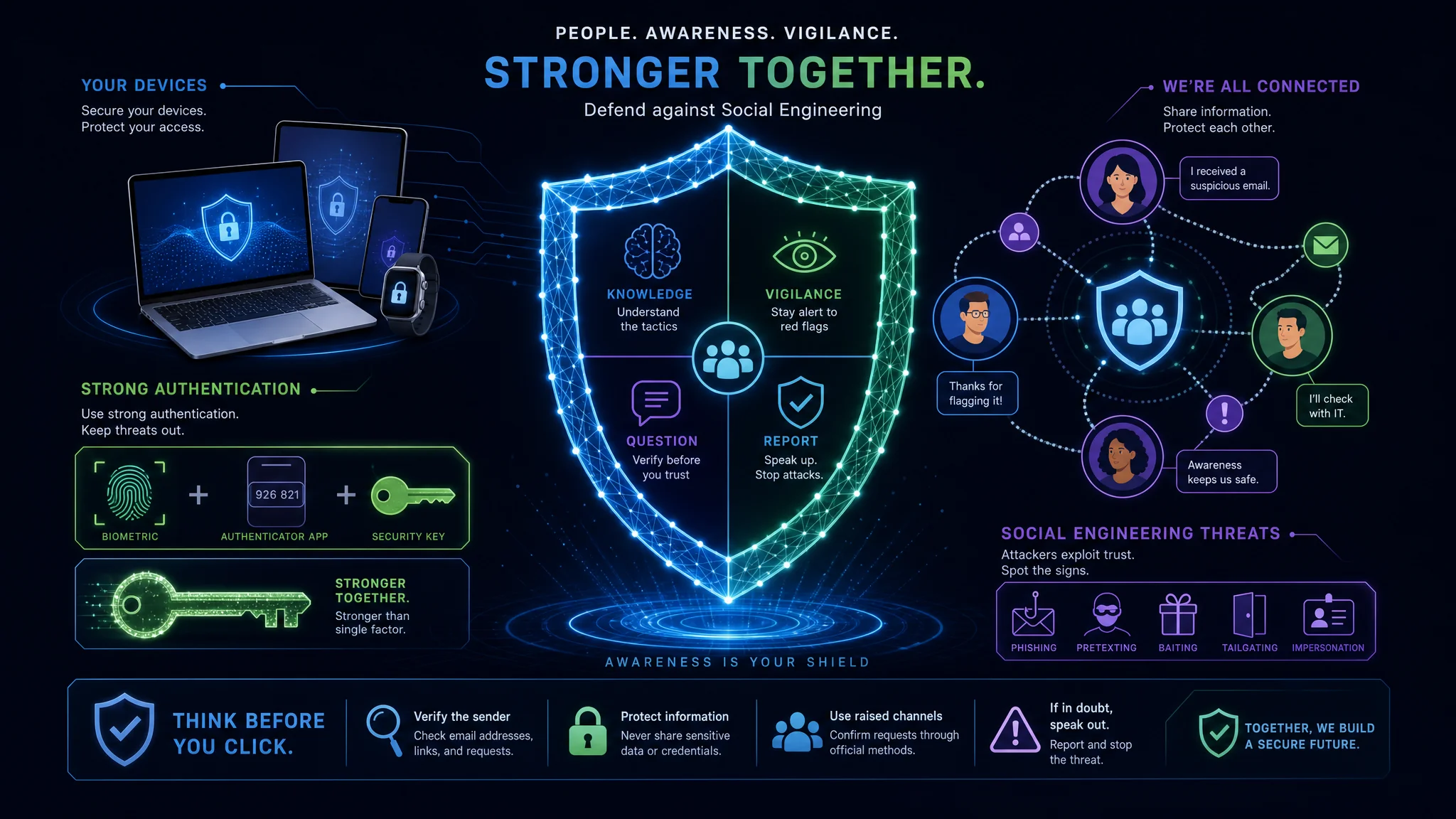 Checklist-style diagram summarizing social engineering defenses including staying informed, securing devices, strong authentication, email caution, and incident reporting