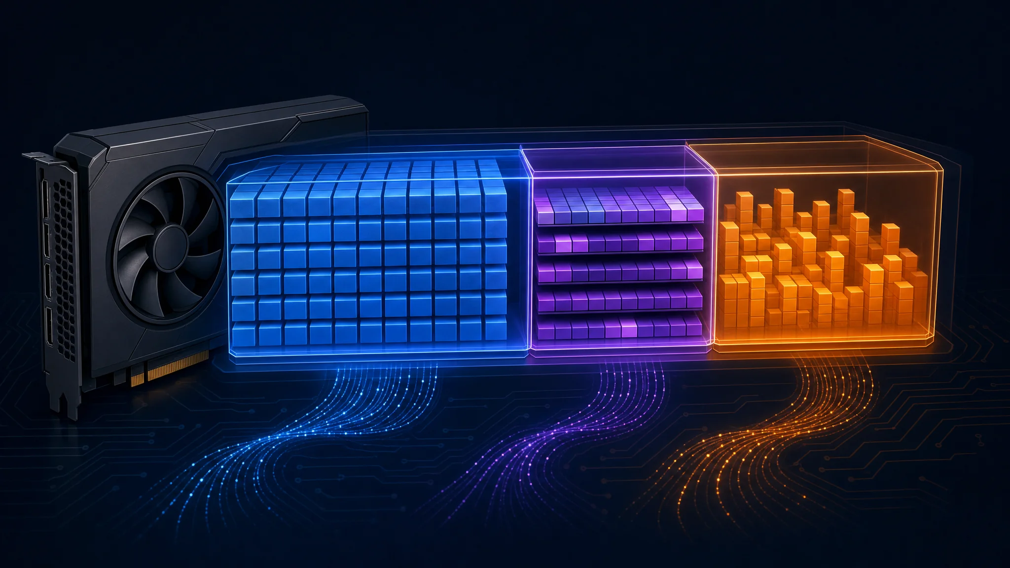 Illustration of a graphics card beside blue, purple, and orange blocks representing separate memory allocations