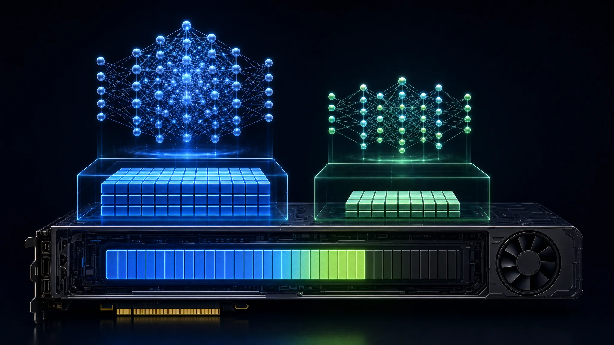 Diagram comparing the memory footprint of the same 27B model at 18 GB standard precision against 5.53 GiB in ternary weights, showing both fitting into a single consumer GPU