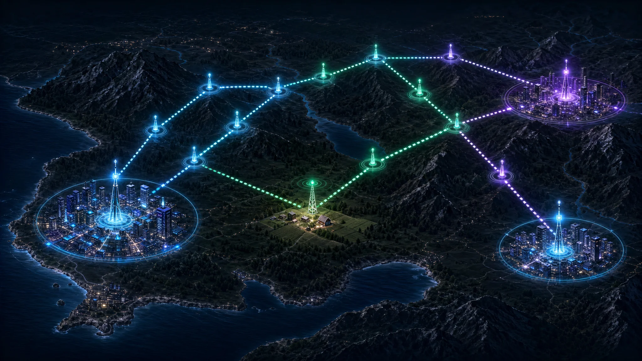 Diagram of a regional mesh network chain linking three cities through a series of repeaters and a rural relay, illustrating how airtime and hop count compound over distance