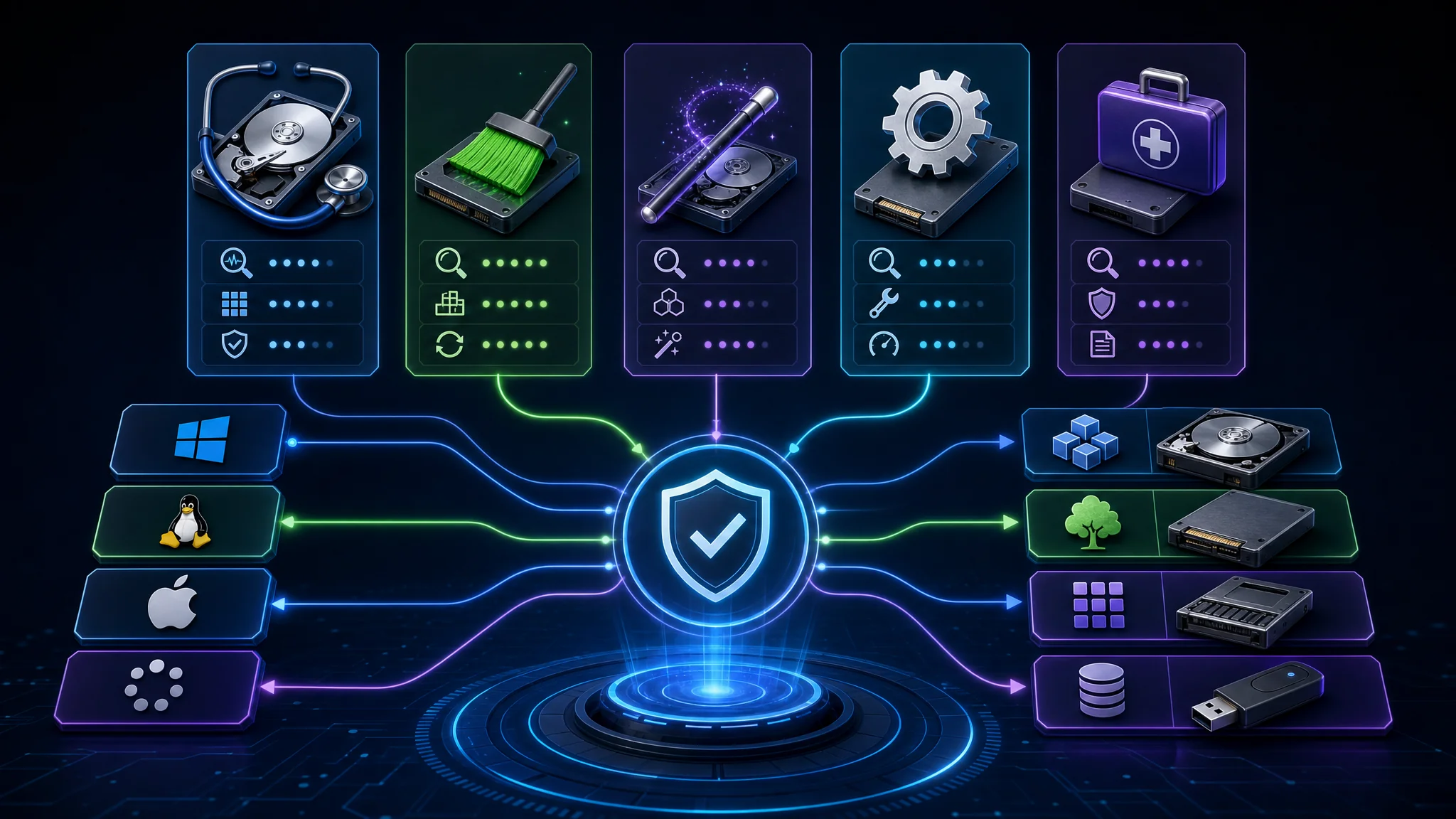 Comparison chart of CHKDSK, fsck, DiskWarrior, and SpinRite disk checking tools showing supported platforms, file systems, and key features