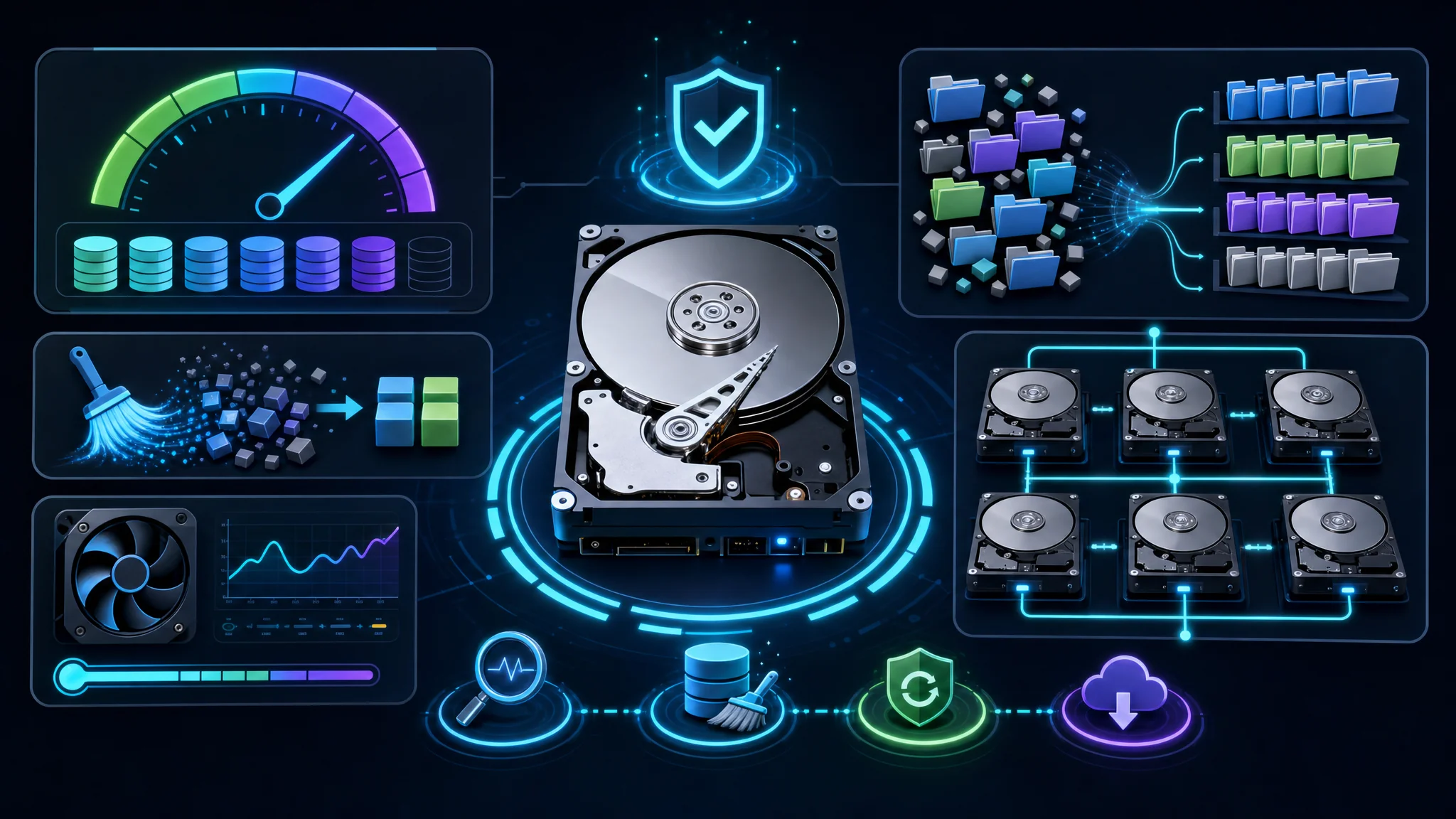 Overview diagram of disk maintenance best practices including cleanup schedules, SMART monitoring alerts, and RAID redundancy configurations