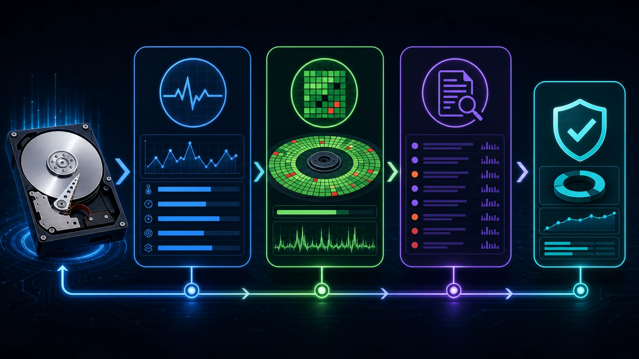 Diagram of disk diagnostic workflow showing SMART attribute monitoring, bad sector scanning, and error log analysis steps