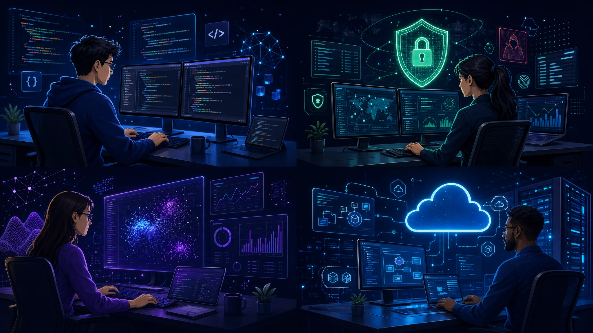 Diagram comparing four IT career roles side by side: software developer, cybersecurity specialist, data scientist, and cloud engineer