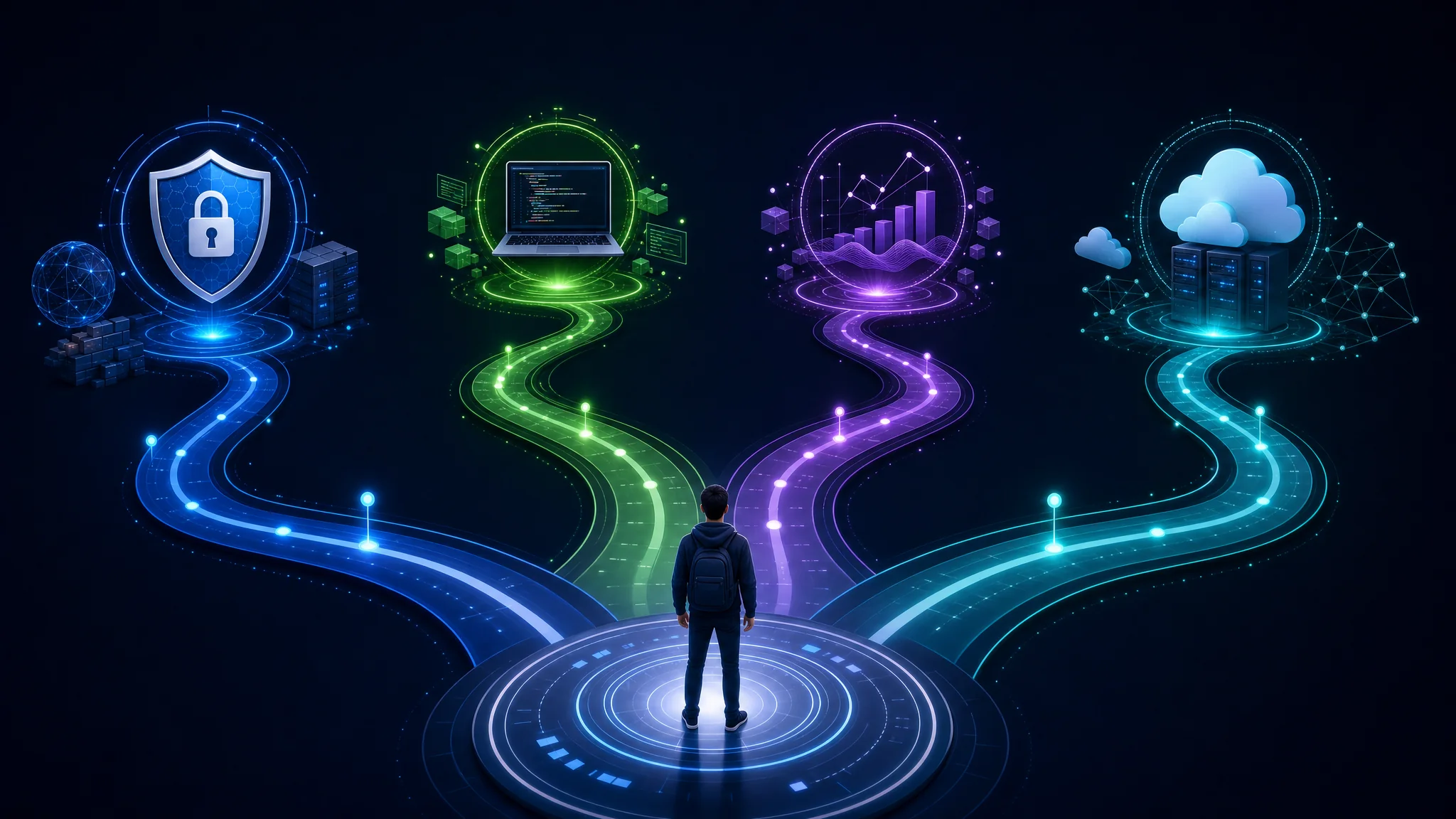 Diagram showing branching IT career paths across cybersecurity, software development, data science, and cloud computing