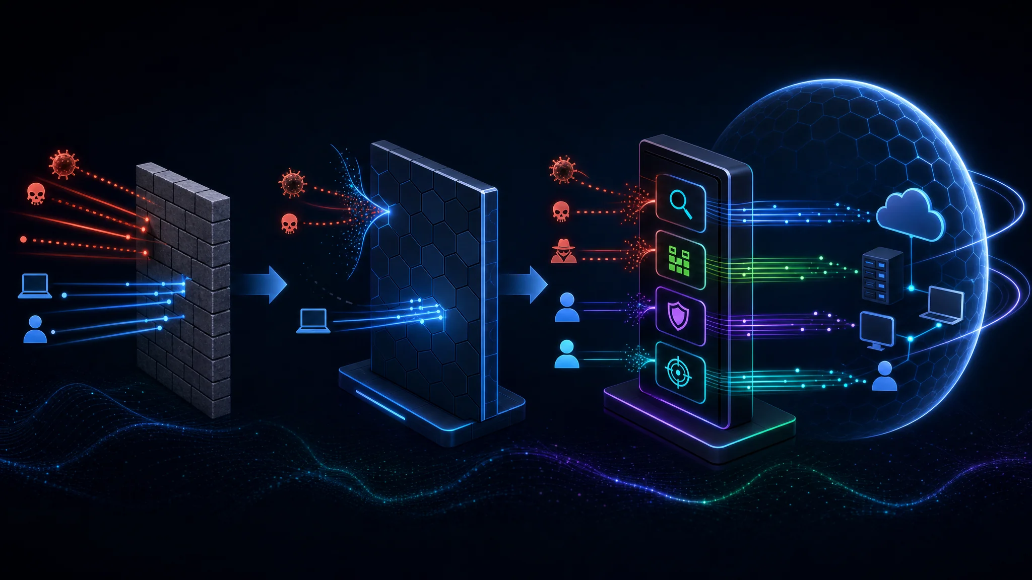Diagram showing the evolution from traditional port and IP-based firewalls to next-gen firewalls with application control and intrusion prevention