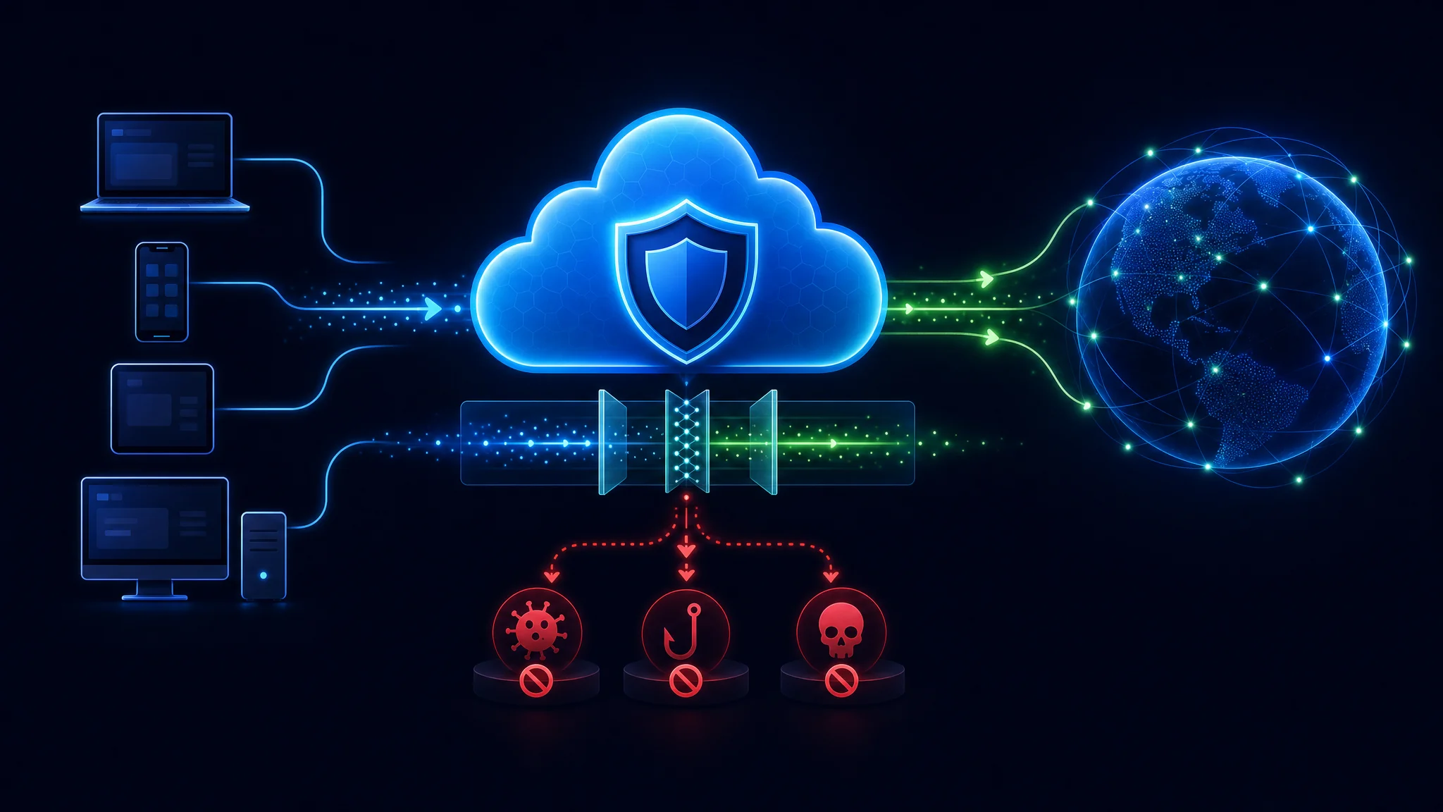 Diagram showing NextDNS acting as a cloud-based middleman that intercepts DNS queries and blocks malicious, phishing, or unwanted domains before they reach the device
