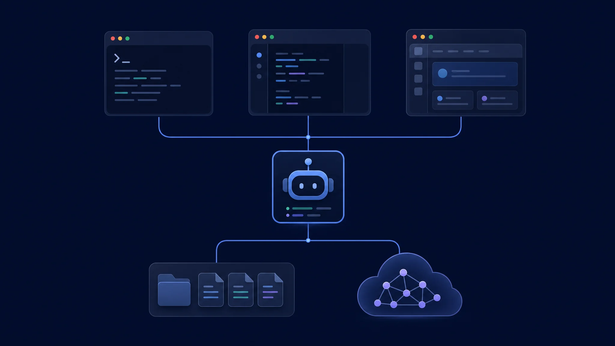 Terminal and desktop clients connected to an agent server, repository files, and separate inference service