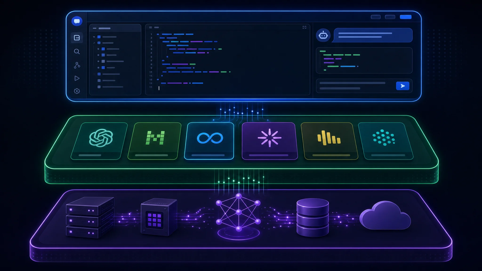 Diagram separating the coding agent interface, model selection, and local or hosted inference services