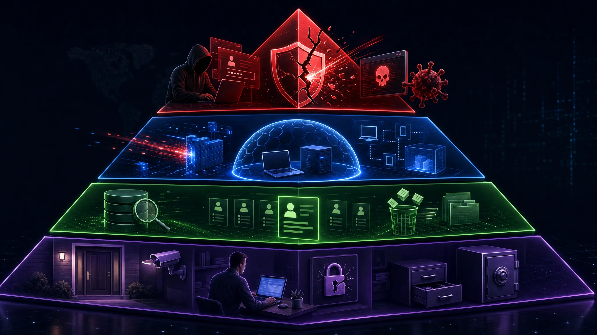 Diagram showing four tiers of personal security actions ranked by risk removed against effort required, from stopping attacks down to physical and human controls