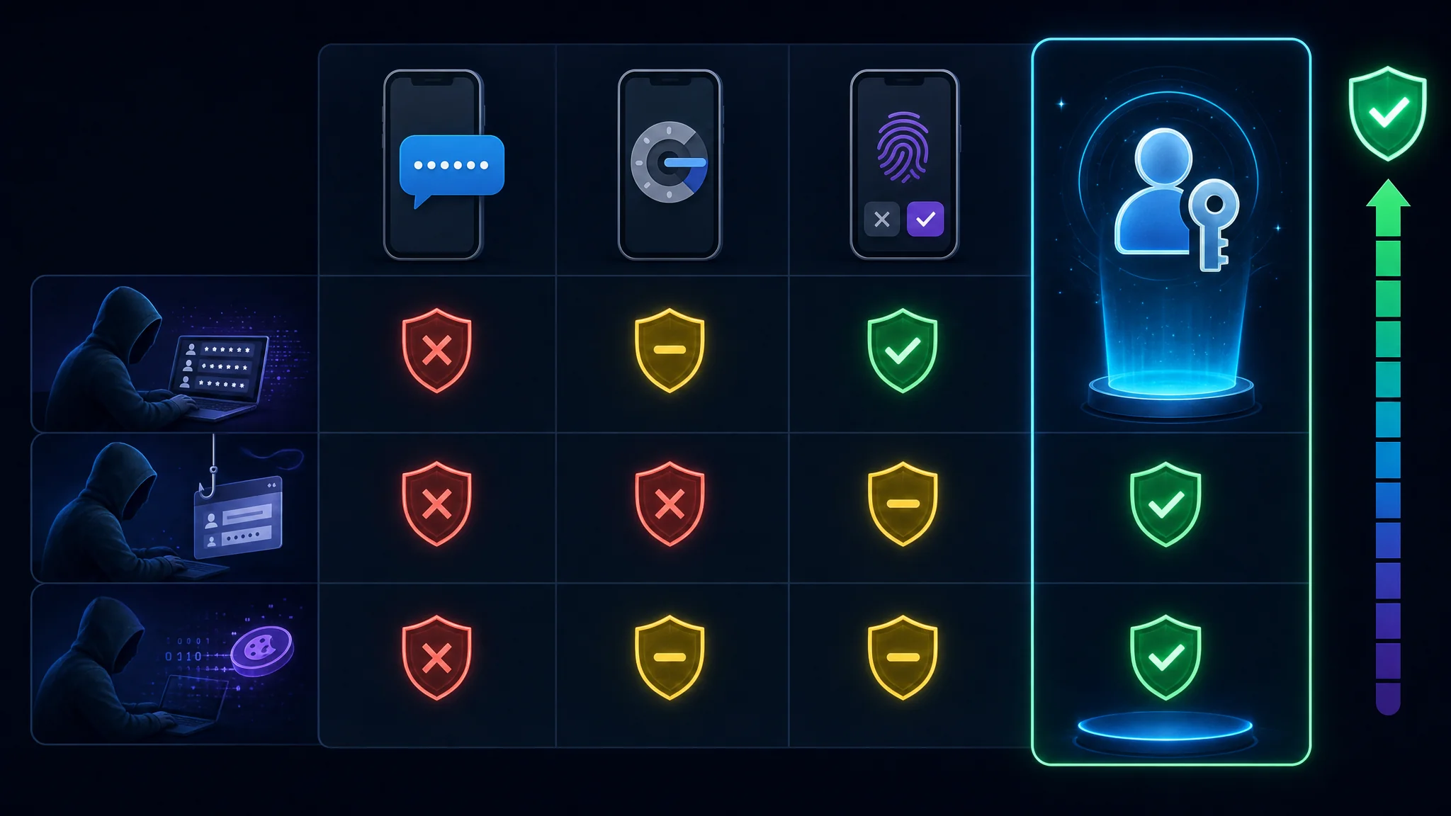 Diagram comparing SMS codes, authenticator apps, push approval, and passkeys against credential stuffing, phishing, and session token theft, with passkeys defeating all three