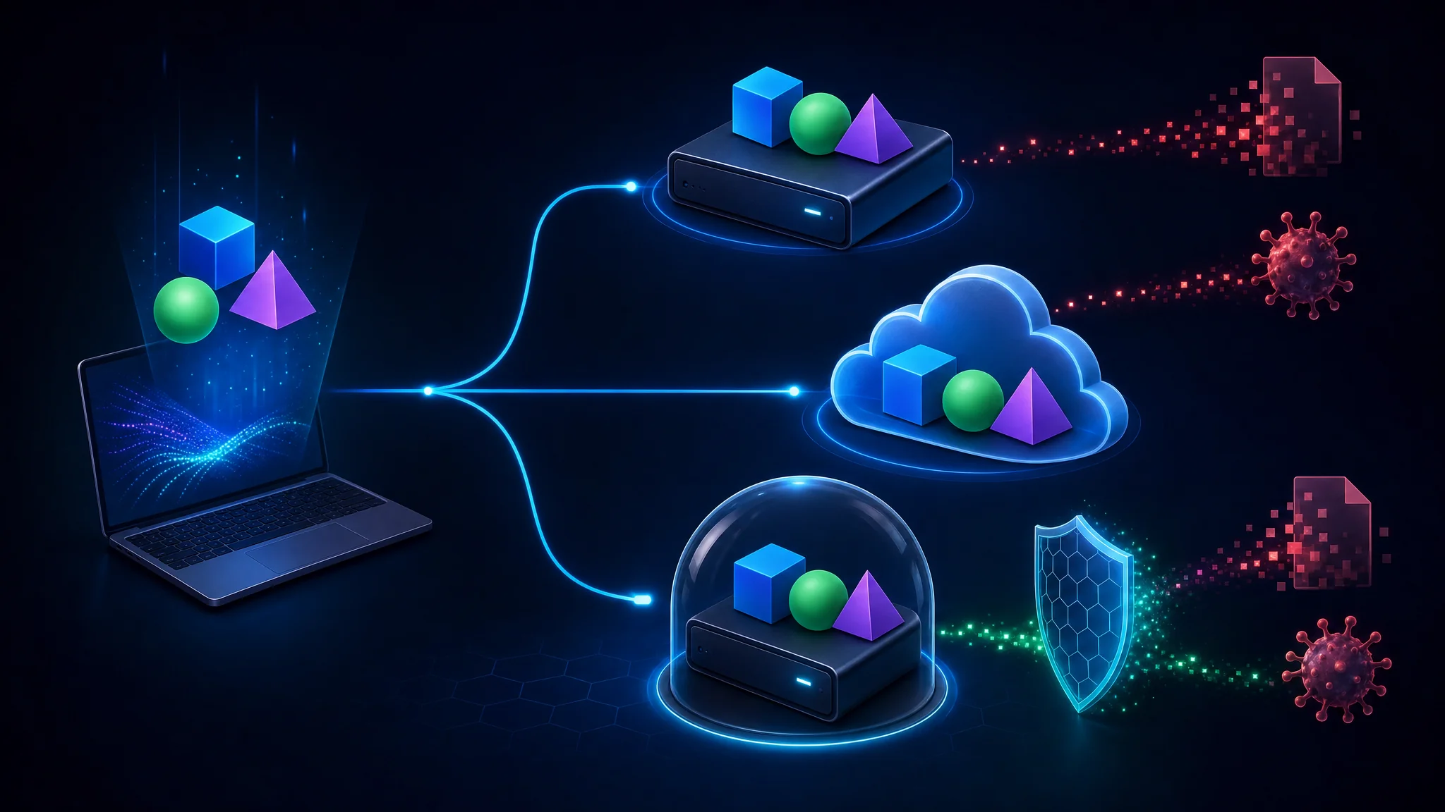 Diagram of the 3-2-1 backup model showing three copies of data across two media types with one offline copy protected from ransomware and accidental deletion