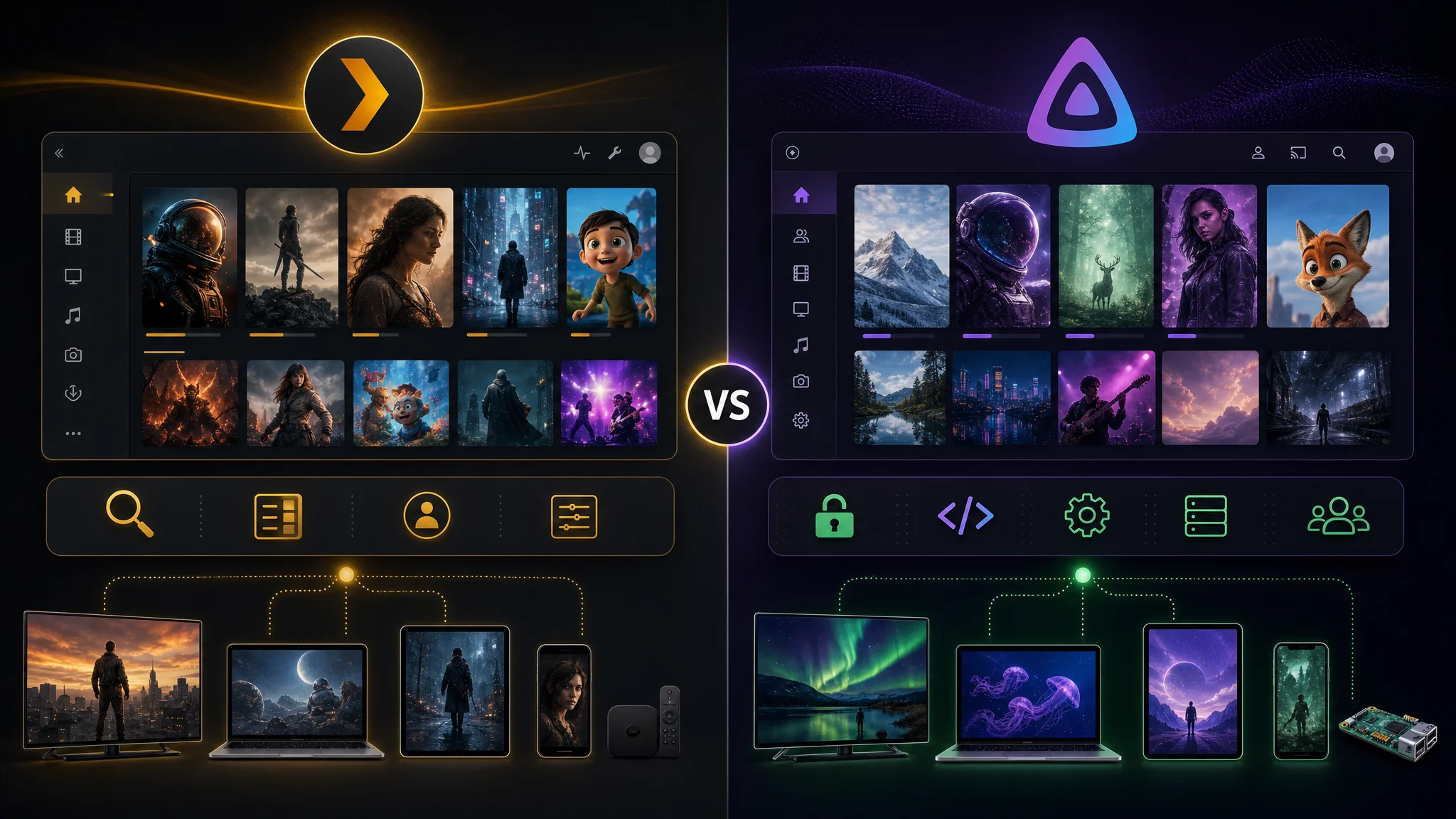 Side-by-side comparison illustration of Plex Media Server and Jellyfin, highlighting media library organization, streaming, and metadata features