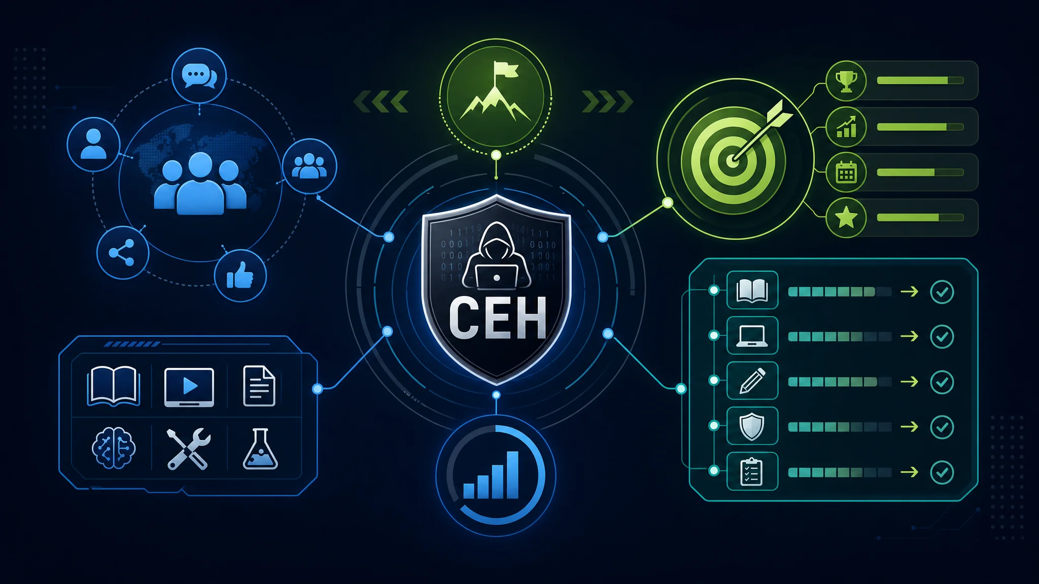Diagram summarizing the CEH exam preparation roadmap: study plan creation, practice exams, study groups, and time management
