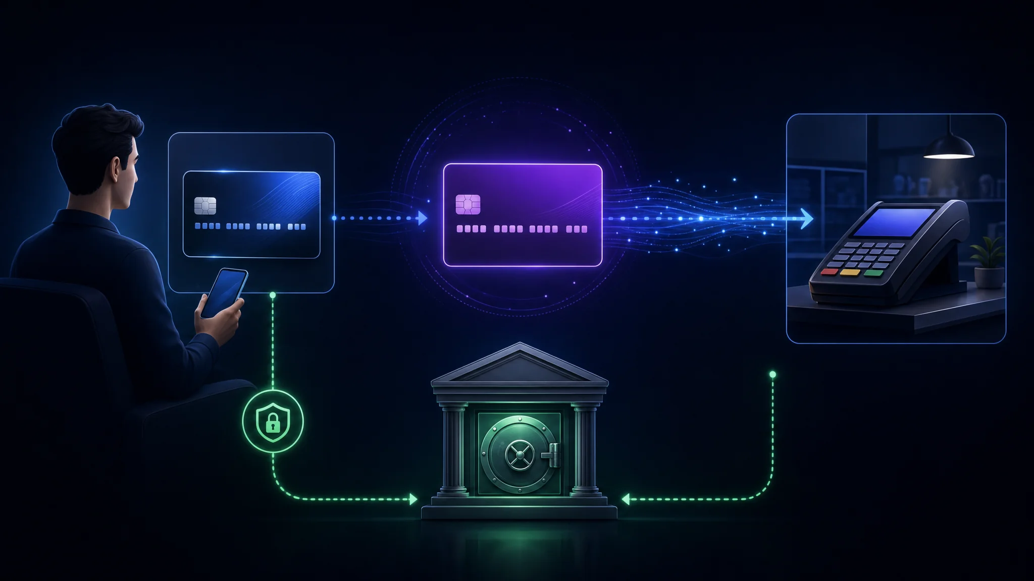 Diagram showing a virtual card number going to the merchant while the real card number stays between the cardholder and the issuing bank