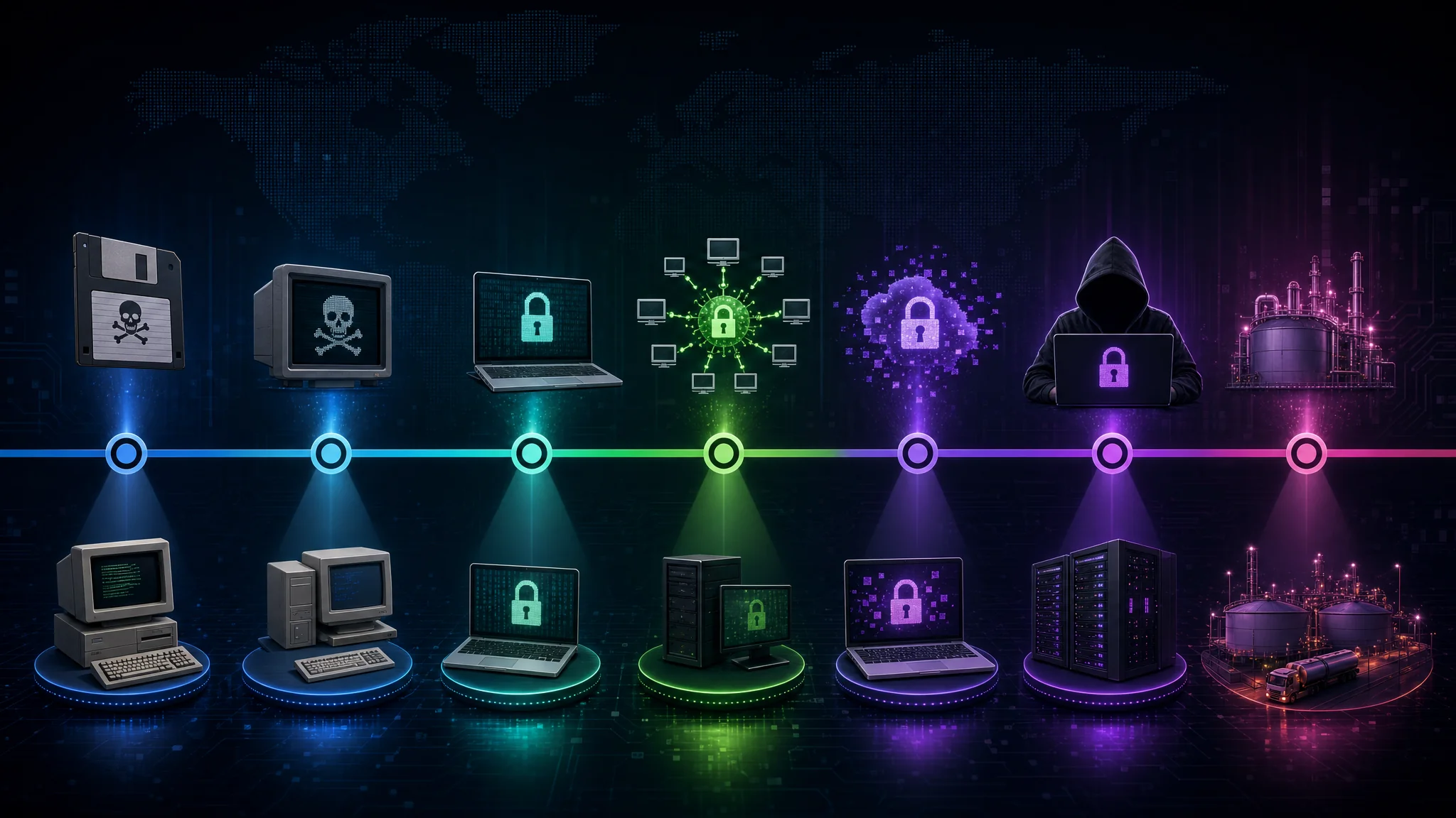 Timeline diagram showing notable ransomware attacks from the 1989 AIDS Trojan through WannaCry in 2017 and the Colonial Pipeline attack in 2021