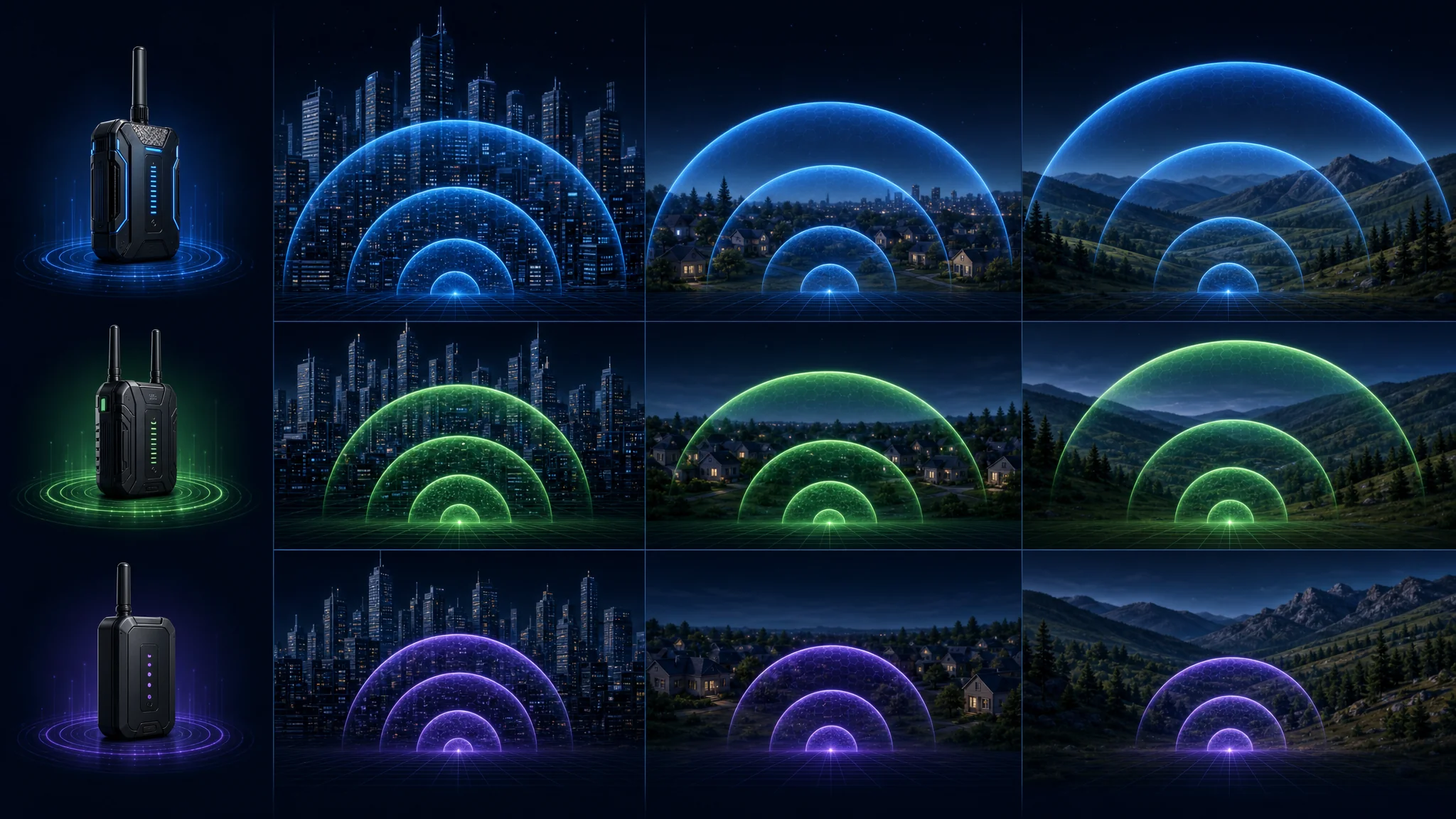 Diagram illustrating IMSI catcher detection ranges for premium standard and budget RayHunter devices across urban suburban and rural environments