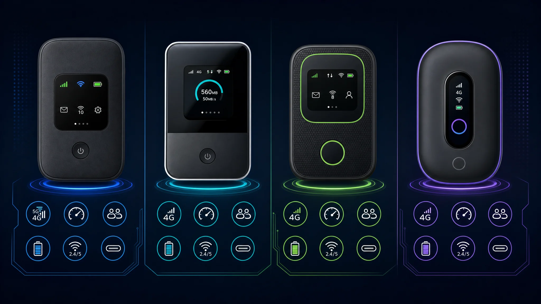 Side-by-side comparison of the Orbic RC400L, TP-Link M7350, Kajeet RC400L, and Moxee K779HSDL mobile hotspot devices tested for RayHunter compatibility