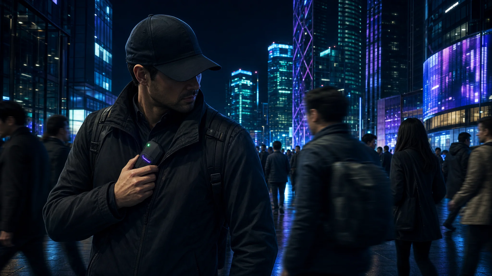 Security professional discreetly carrying a compact RayHunter device in an urban environment illustrating covert operational security practices